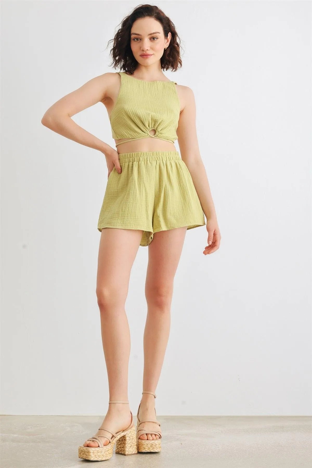 Kiwi Cotton Sleeveless Drawstring Hem Crop Top & High Waist Shorts Set /1-2-2-1 - Tasha Apparel Wholesale