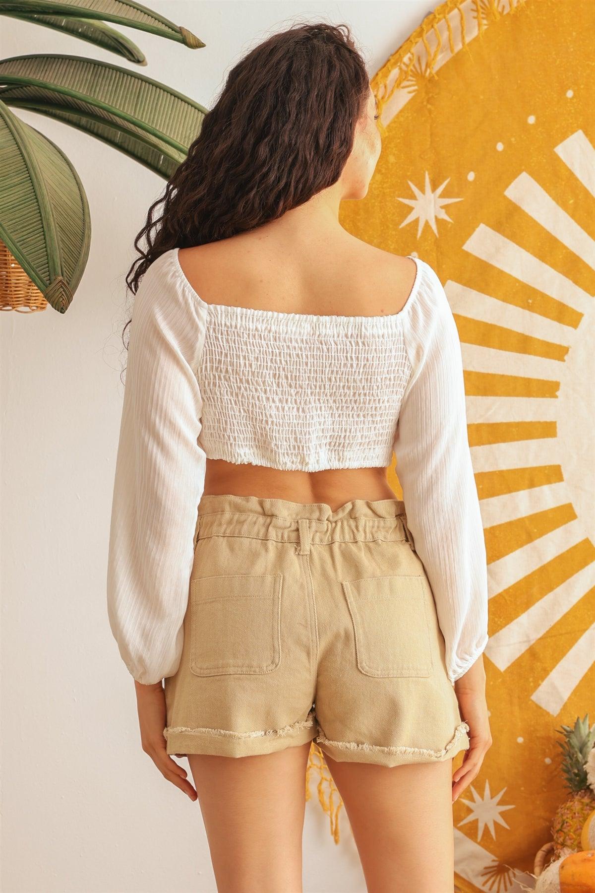 Ivory Puff Long Sleeve Smocked Back Crop Top /1-2-2-1
