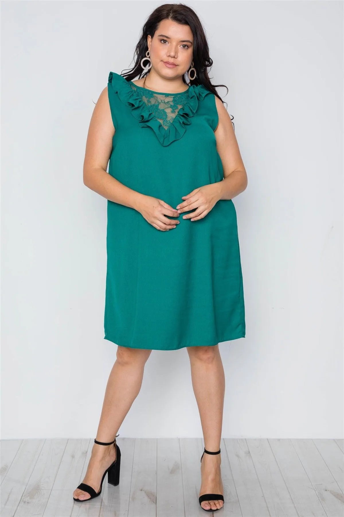 Junior Plus Size Green Lace Insert Shift Midi Dress /2-2-2 - Tasha Apparel Wholesale