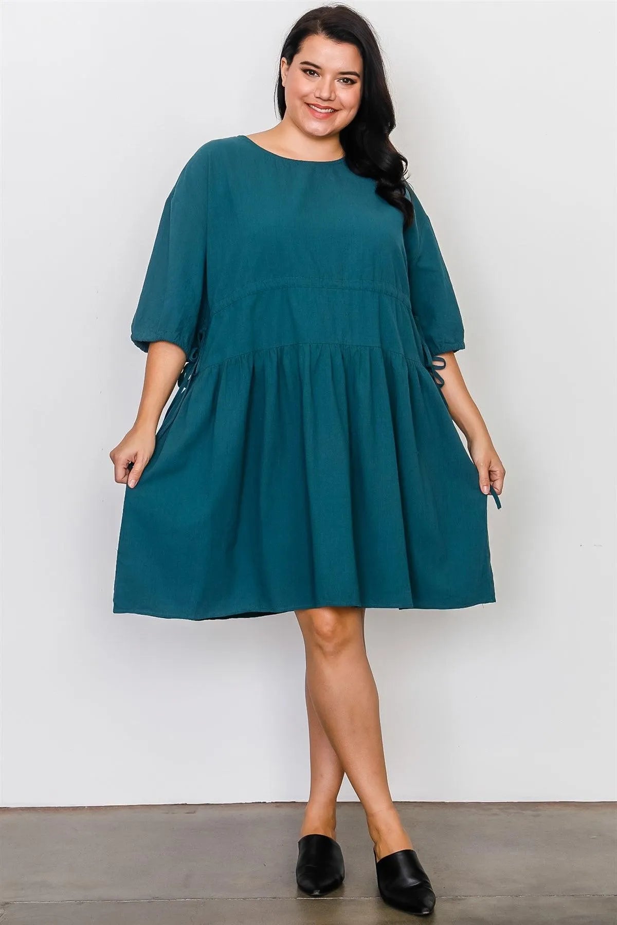 Junior Plus Size Teal Tie Sleeve Loose Midi Dress / 2-2-2 - Tasha Apparel Wholesale