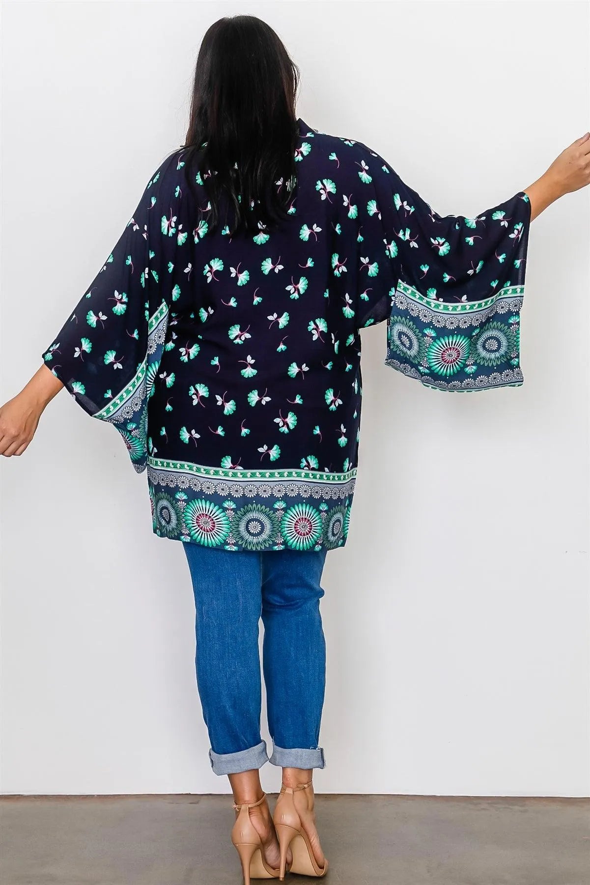 Plus Size Navy Mix Print Open Front Kimono /2-2-2 - Tasha Apparel Wholesale