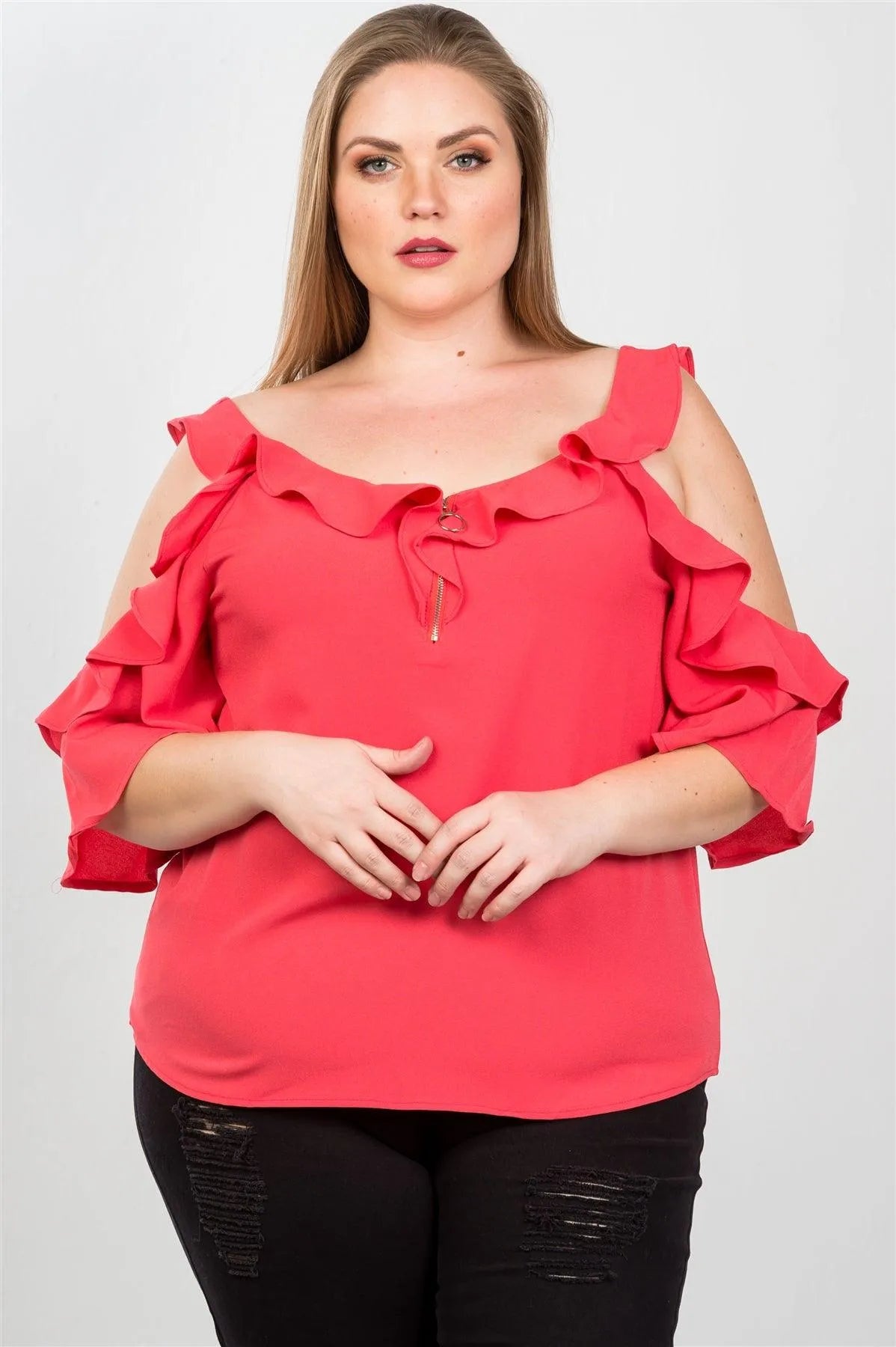 Plus Size Coral Cold Shoulder Ruffle Zipper O-Ring Top /2-2-2 - Tasha Apparel Wholesale