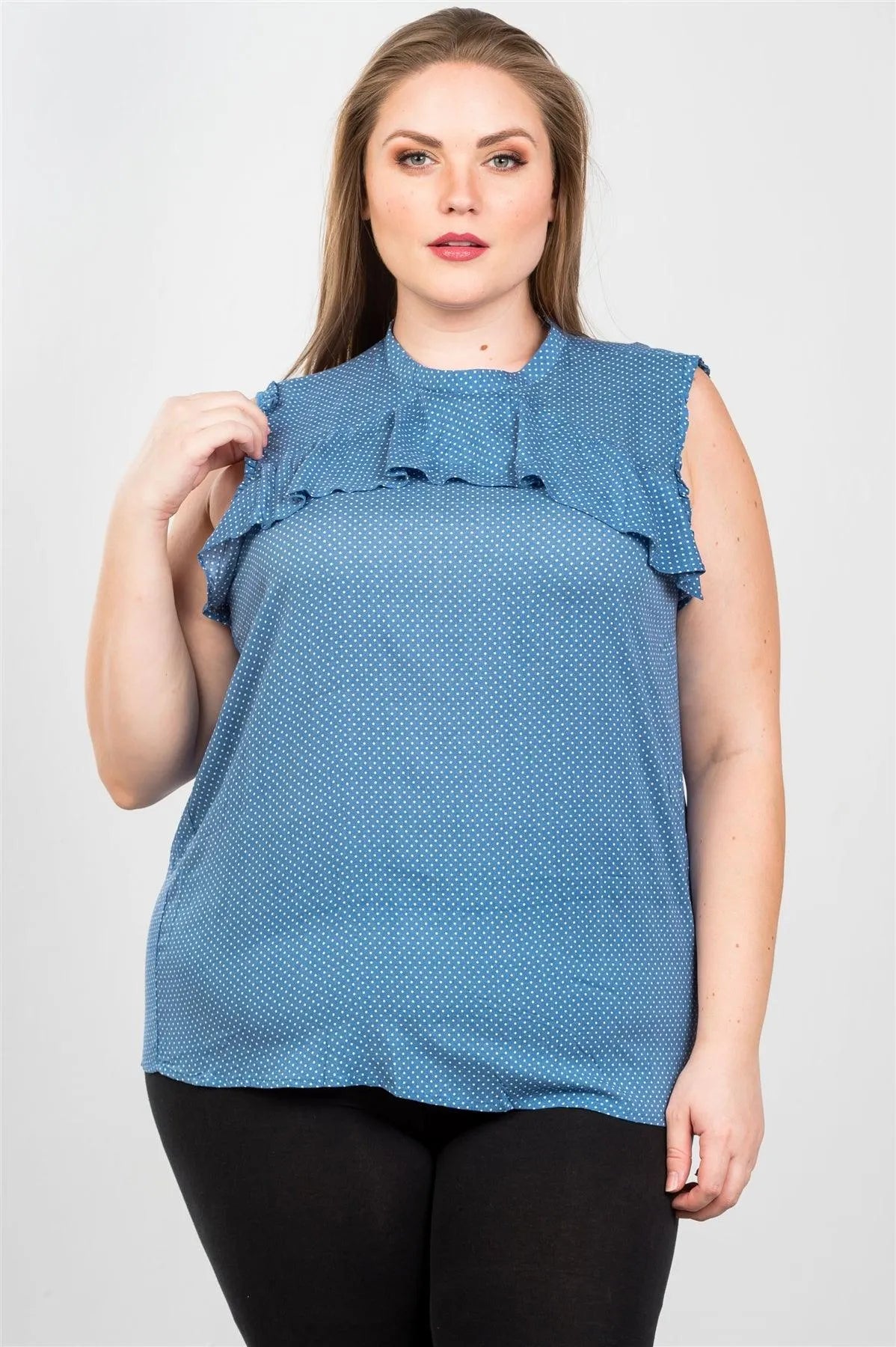 Blue Plus Size Ruffle Polka Dot Bow Back Sleeveless Top /2-2-2 - Tasha Apparel Wholesale