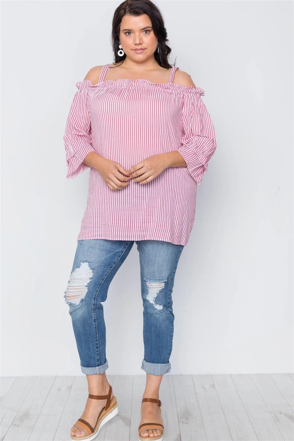 Boho Fuchsia Plus Size Striped Cold-Shoulder Top /2-3 - Tasha Apparel Wholesale