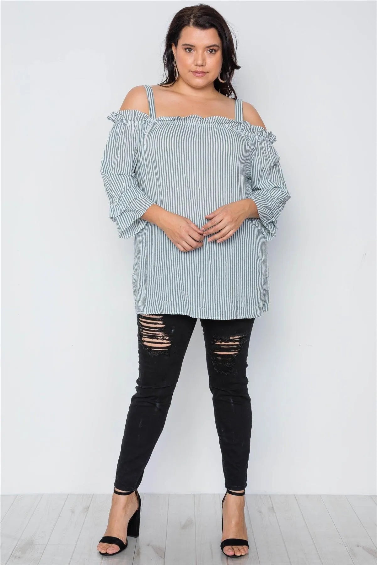 Boho Olive Plus Size Striped Cold-Shoulder Top /1-2-3 - Tasha Apparel Wholesale