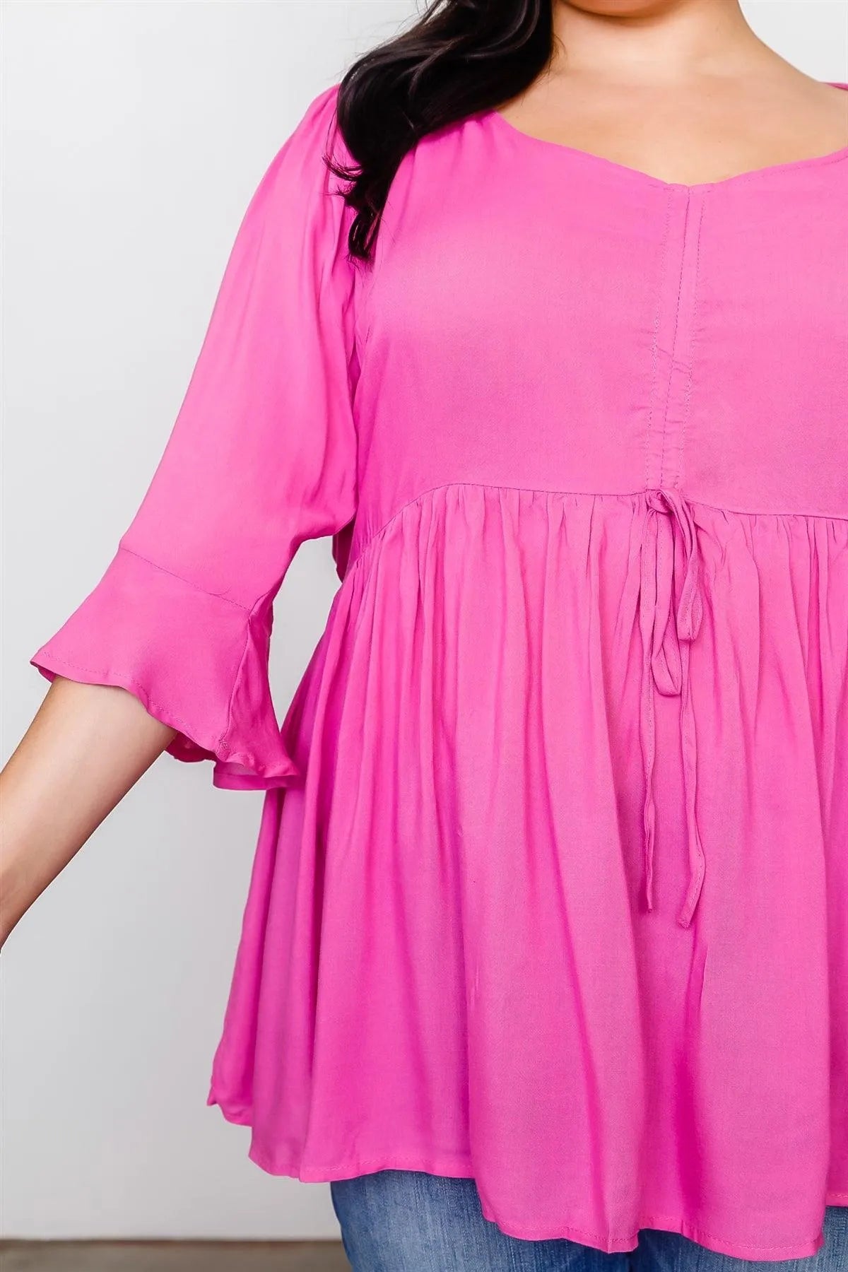Plus Size Magenta Front Drawstring Babydoll Top / 2-2-2 - Tasha Apparel Wholesale