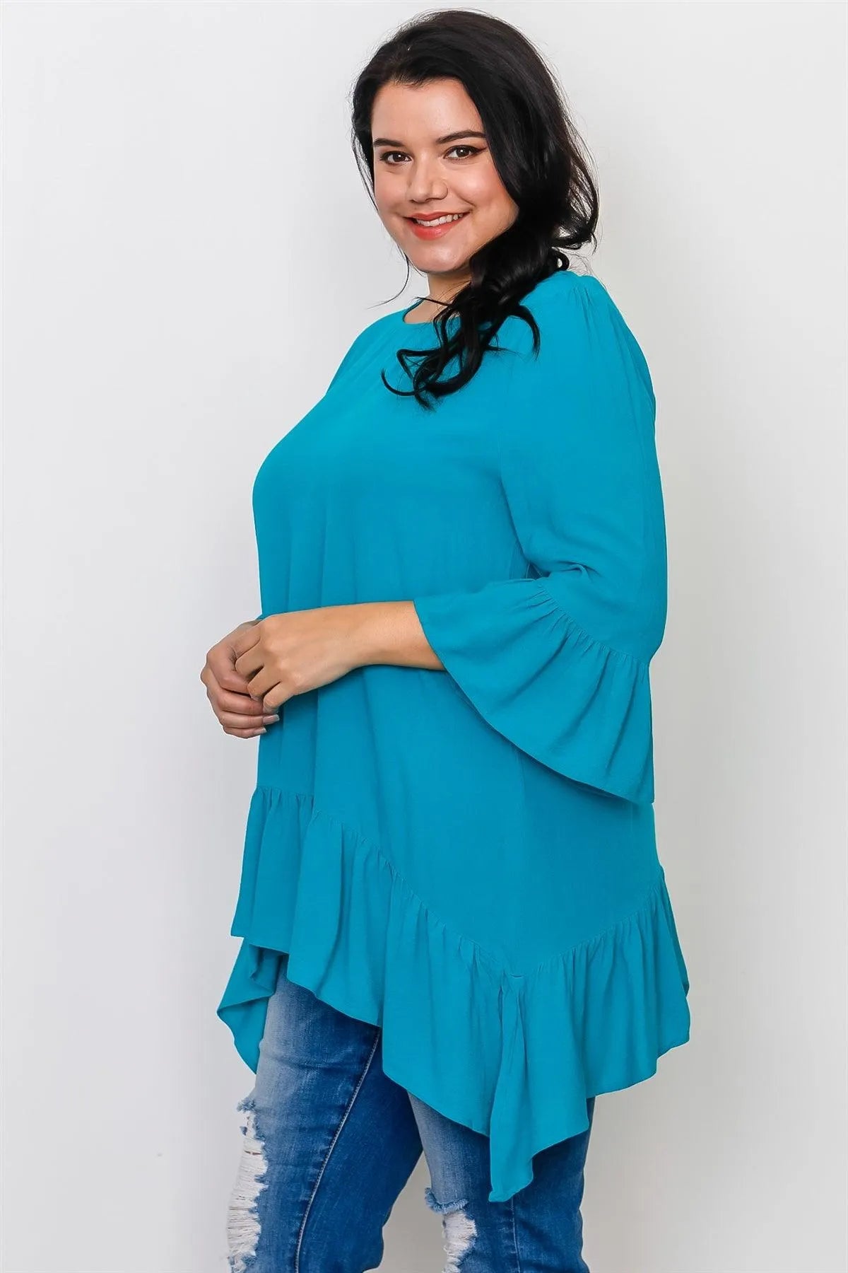 Plus Size Turquoise Ruffle Hem Hi-Low Top /2-2-2 - Tasha Apparel Wholesale