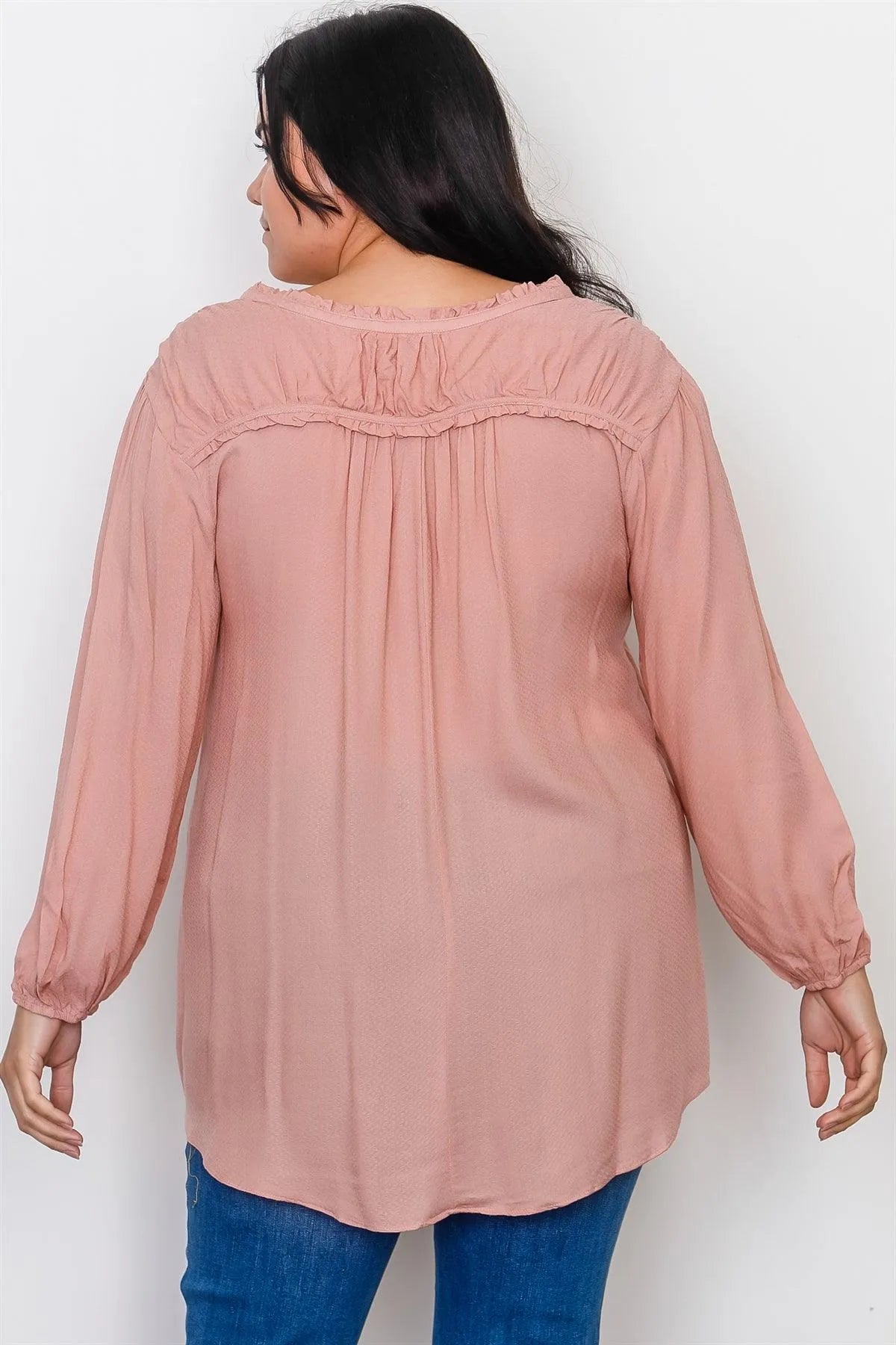 Plus Size Blush V Neck Hi-Low Frill Trim Top /2-2-2 - Tasha Apparel Wholesale