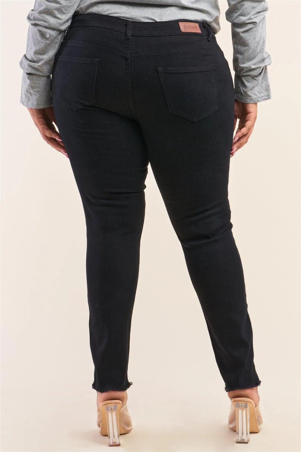 Plus Size Solid Black Low-Mid Rise Tight Fit Ripped Denim Jeans /1-2-3-3-2-1 - Tasha Apparel Wholesale