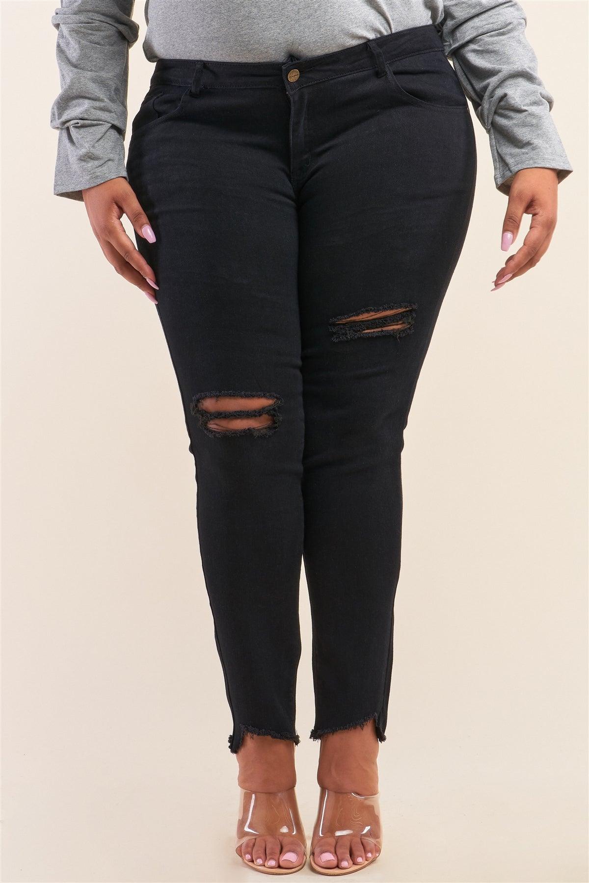 Plus Size Solid Black Low-Mid Rise Tight Fit Ripped Denim Jeans