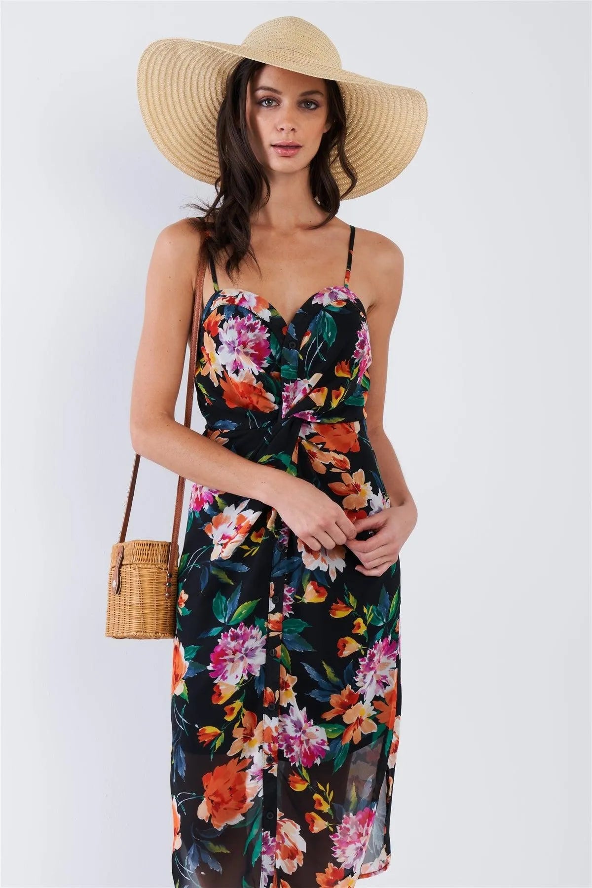 Black Semi-Sheer Floral Chiffon Midi Dress /1-2-2-1 - Tasha Apparel Wholesale