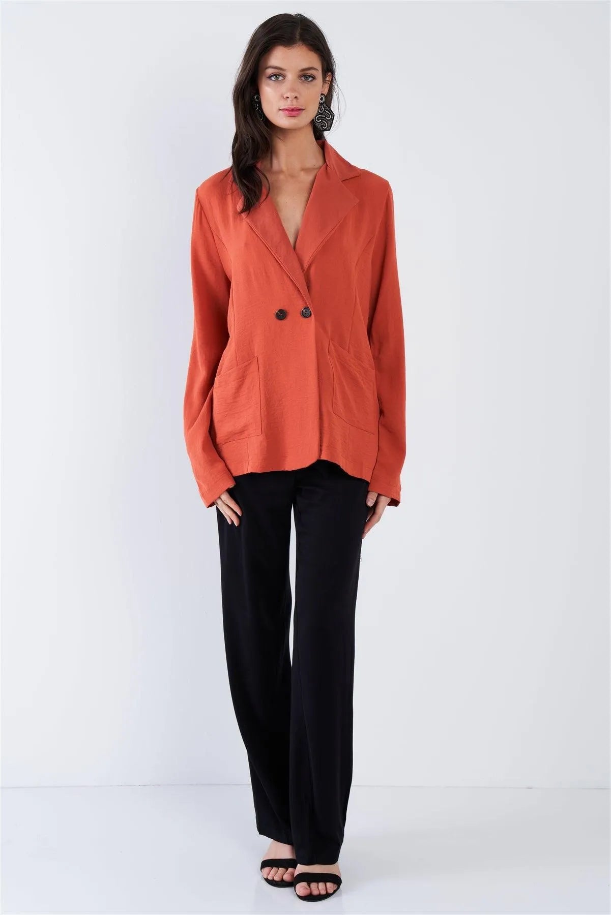 Satin Rust Orange Double Breasted Oversized Blazer /1-2-2-1 - Tasha Apparel Wholesale