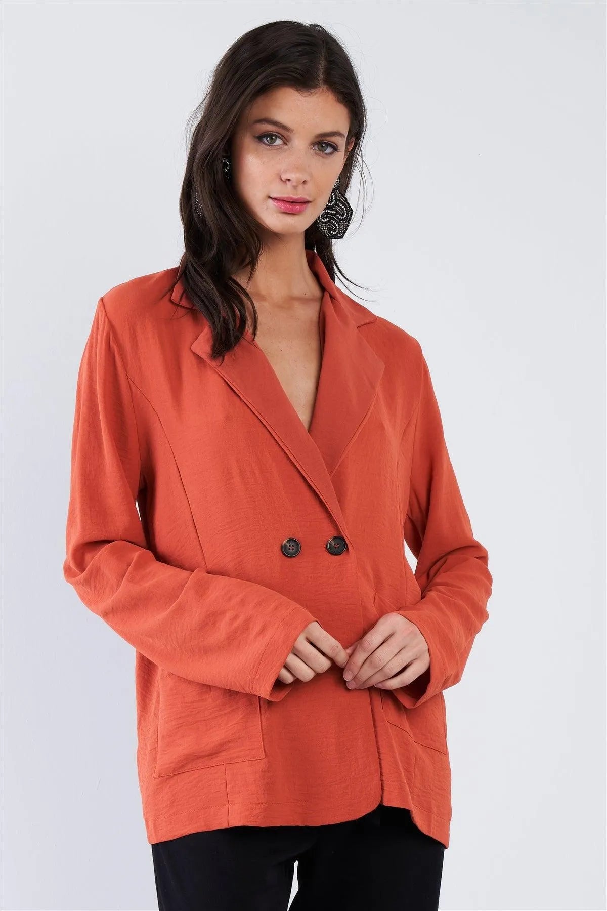 Satin Rust Orange Double Breasted Oversized Blazer /2-1-1-2 - Tasha Apparel Wholesale