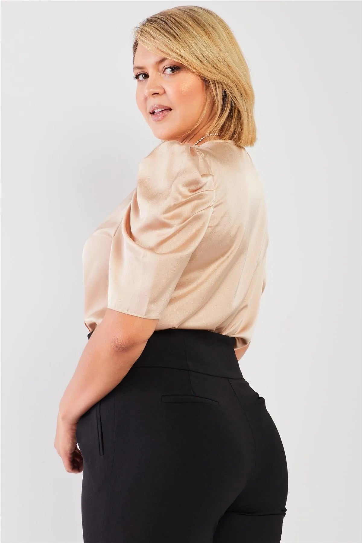 Junior Plus Champagne Plunging Neck Lantern Bodysuit - Tasha Apparel Wholesale