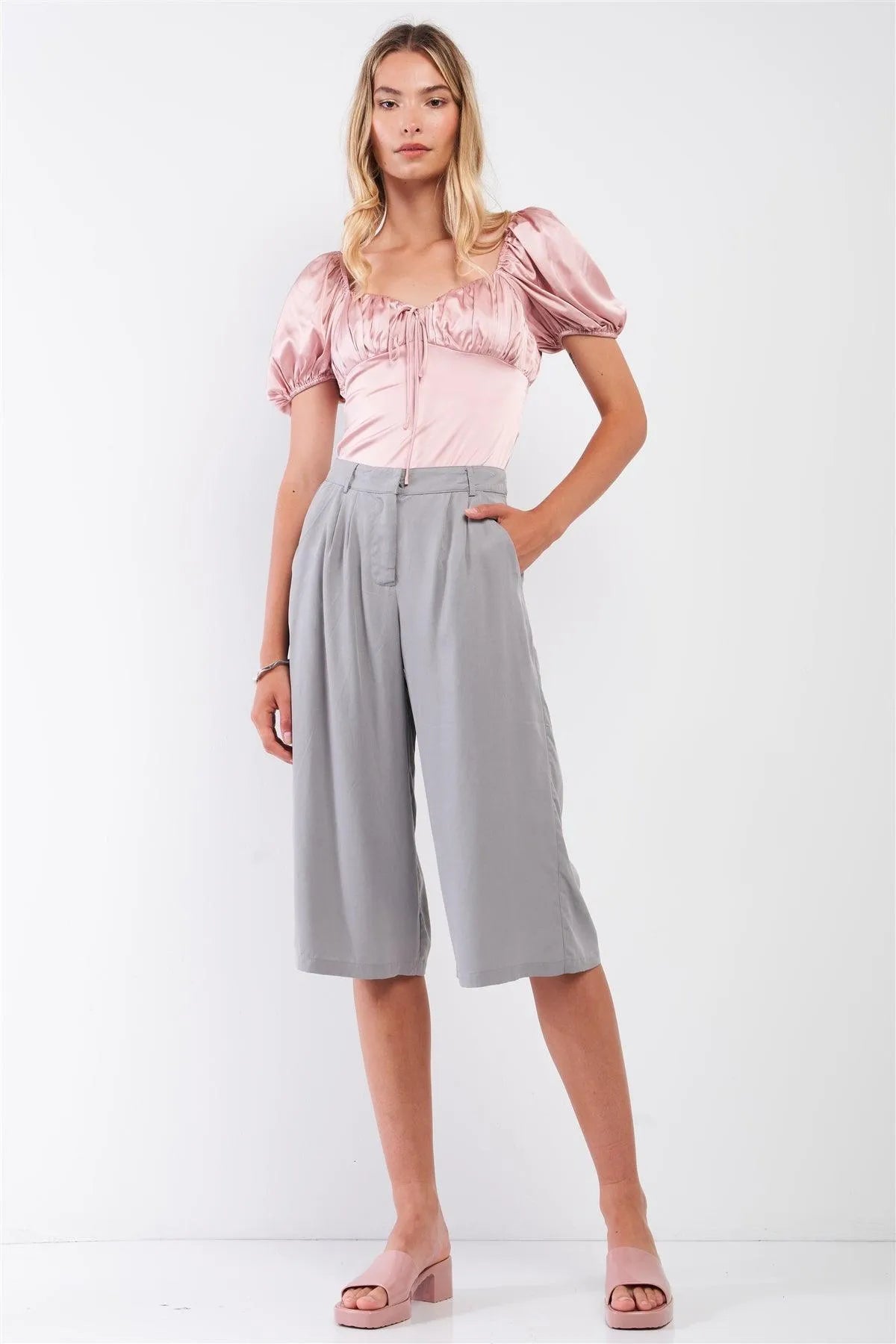 Rose Satin Gathered Sweetheart Neck Short Puff Sleeve Bodysuit - Tasha Apparel Wholesale