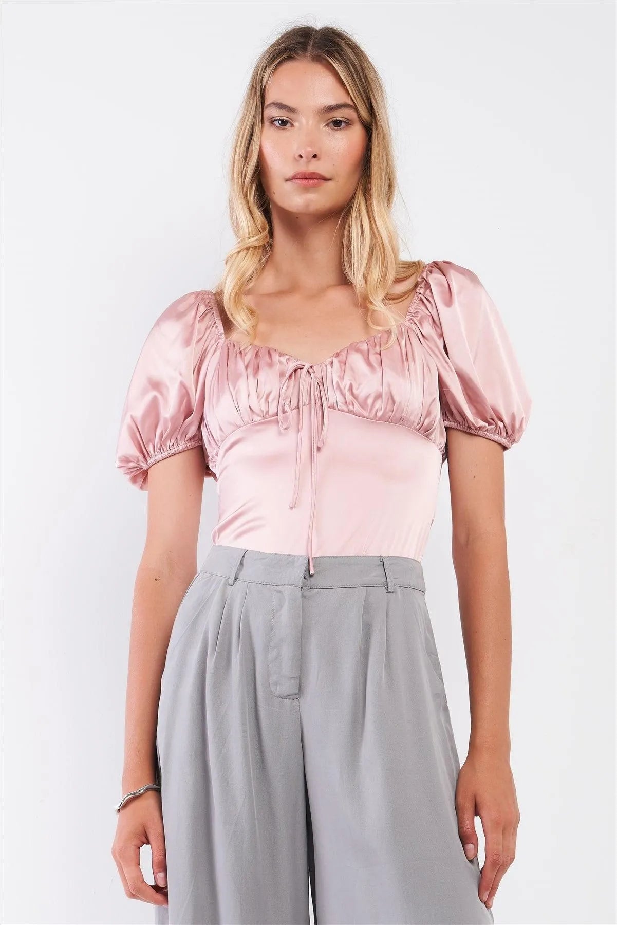 Rose Satin Gathered Sweetheart Neck Short Puff Sleeve Bodysuit /2-2-1-1 - Tasha Apparel Wholesale