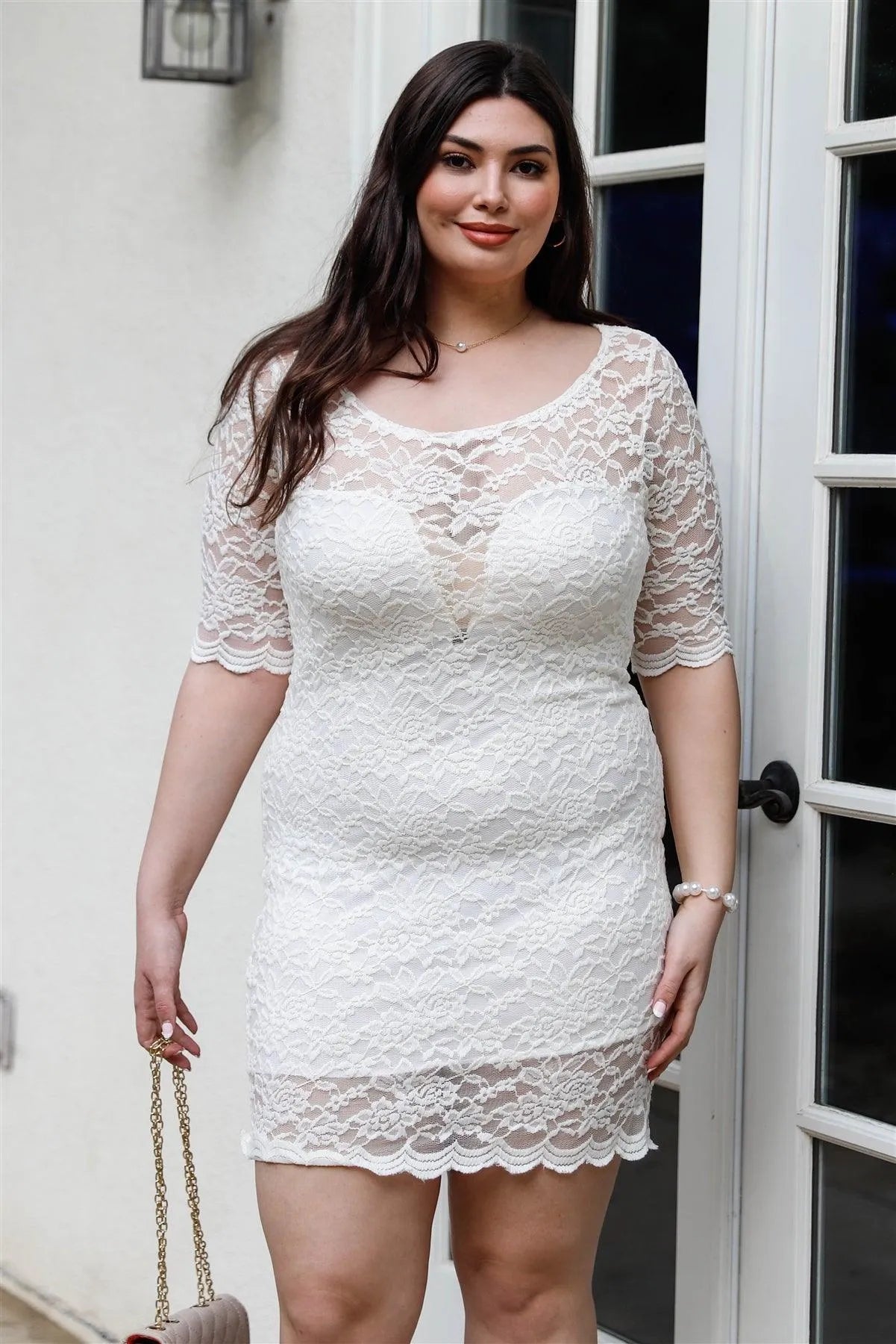 Junior Plus Cream Lace Mini Dress /2-2-2 - Tasha Apparel Wholesale