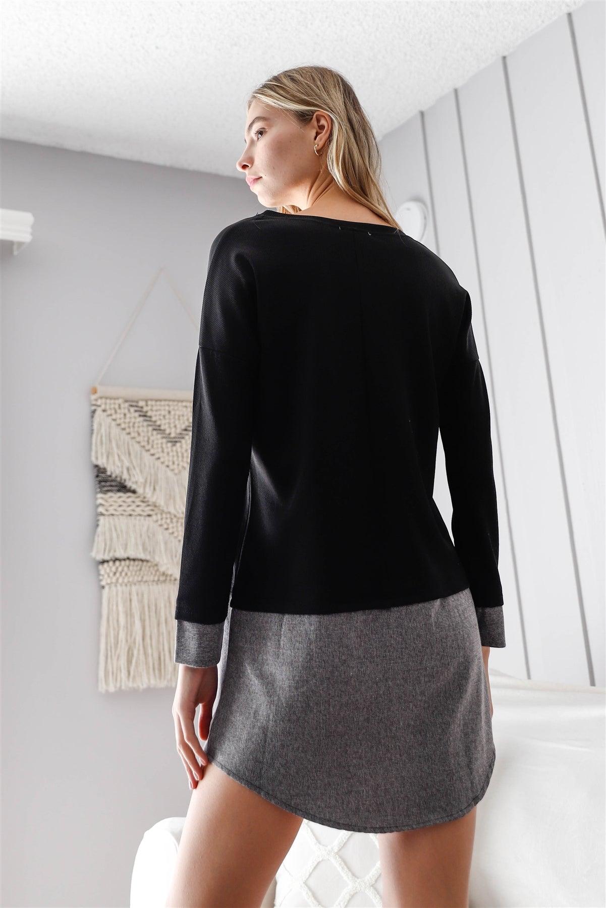 Black Knit Combo Long Sleeve Sweater Dress