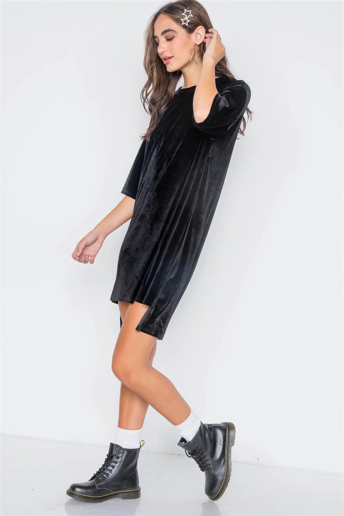Black Velvet Oversized Short Sleeve Shirt Dress / 2-2-2 - Tasha Apparel Wholesale