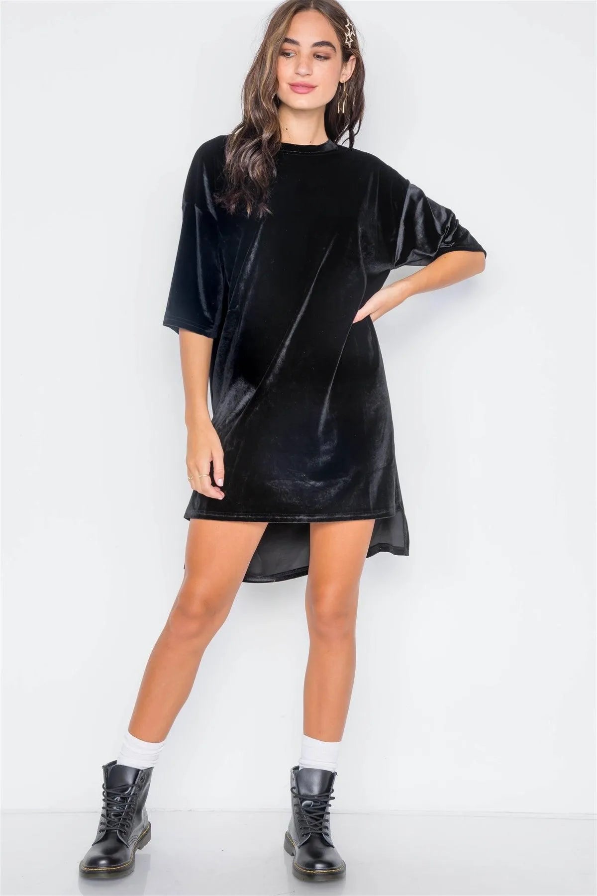 Black Velvet Oversized Short Sleeve Shirt Dress Black Velvet Oversized Short Sleeve Shirt Dress
