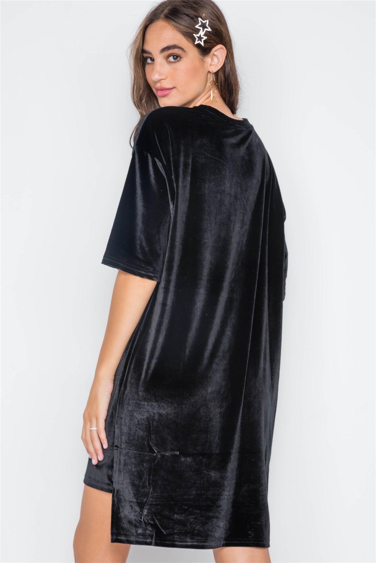 Black Velvet Oversized Short Sleeve Shirt Dress