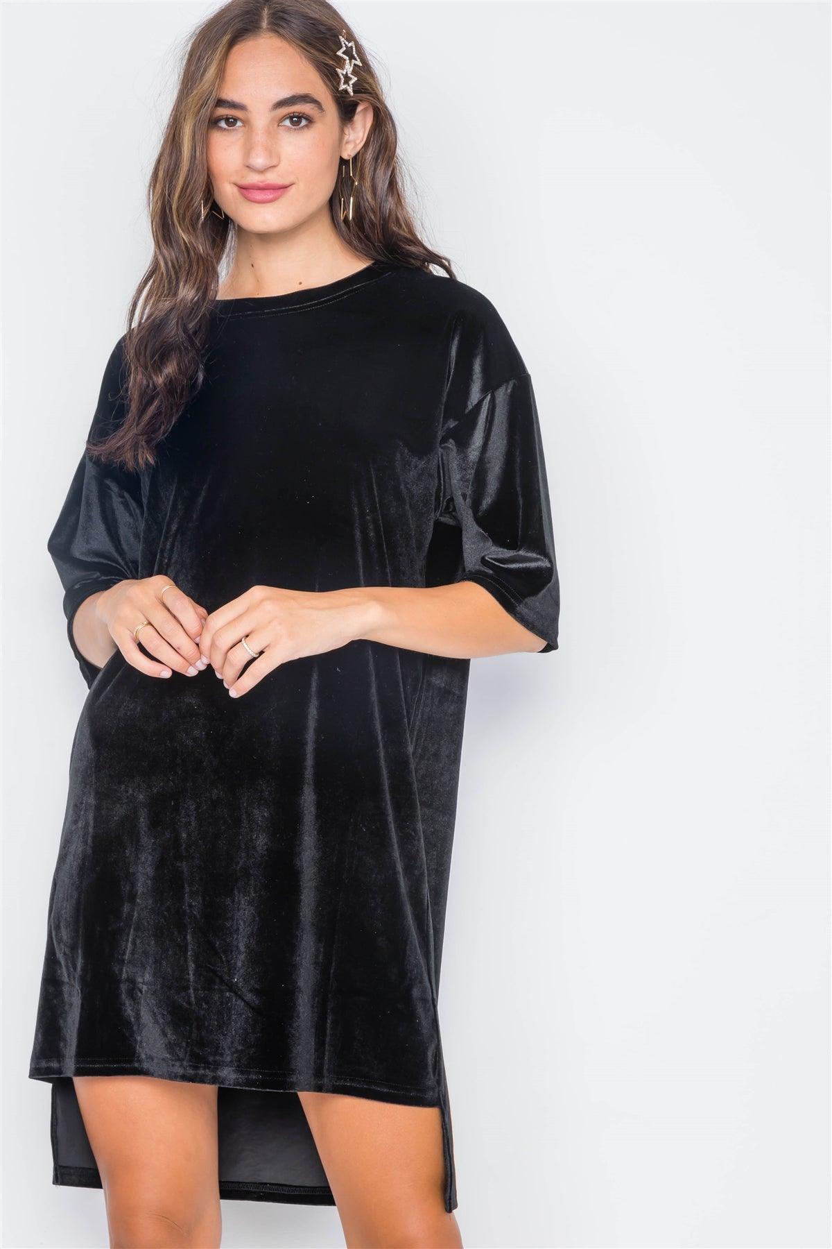 Black Velvet Oversized Short Sleeve Shirt Dress