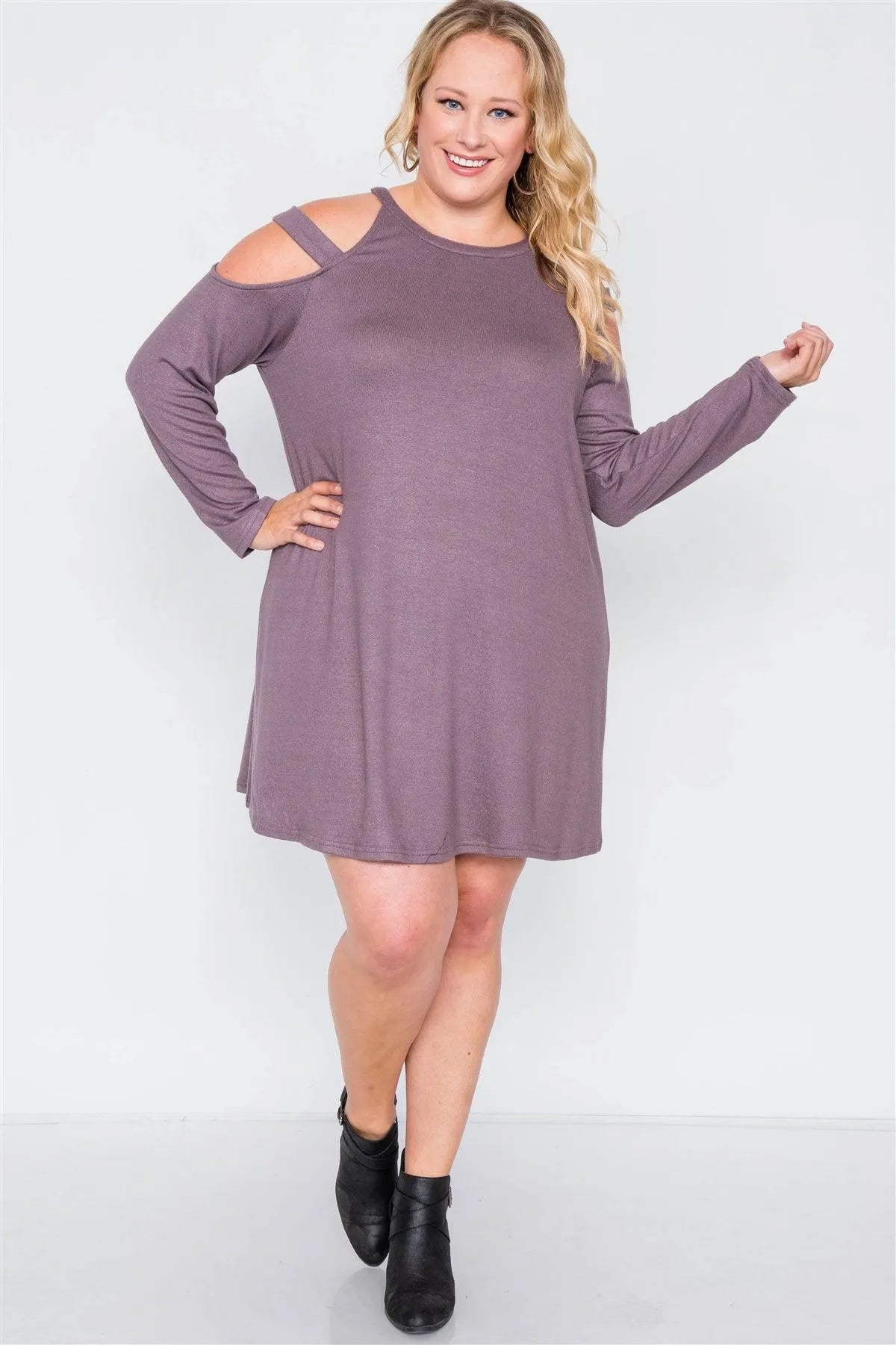 Plus Size Mauve Knit Strap Shoulder Long Sleeve Dress - Tasha Apparel Wholesale