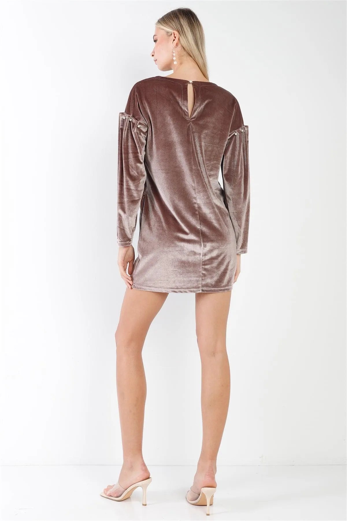 Cocoa Velvet Long Sleeve Pearl Detail Mini Dress /2-2-2 - Tasha Apparel Wholesale