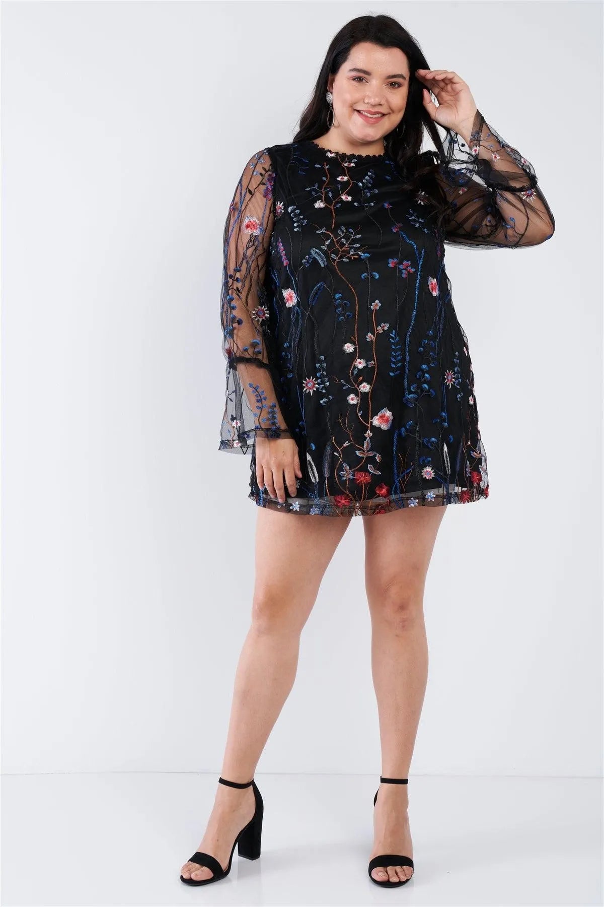 Plus Size Blue Floral Mix Sheer Mock Lace Neck Mini Dress /3-2 - Tasha Apparel Wholesale