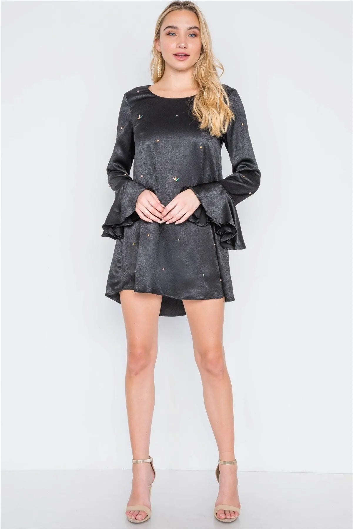 Black Long Bell Sleeves Rhinestone Mini Dress /3-3