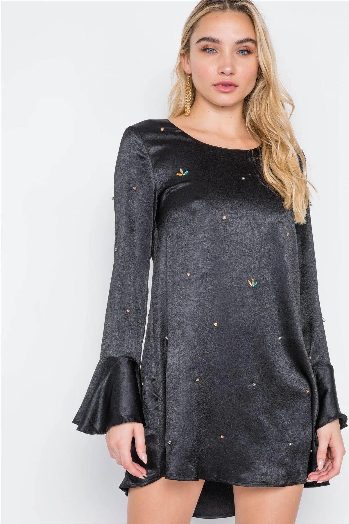 Black Long Bell Sleeves Rhinestone Mini Dress /3-3 - Tasha Apparel Wholesale