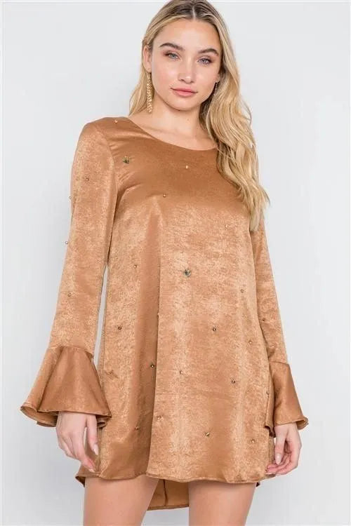 Mocha Bell Sleeves Rhinestone Mini Dress - Tasha Apparel Wholesale