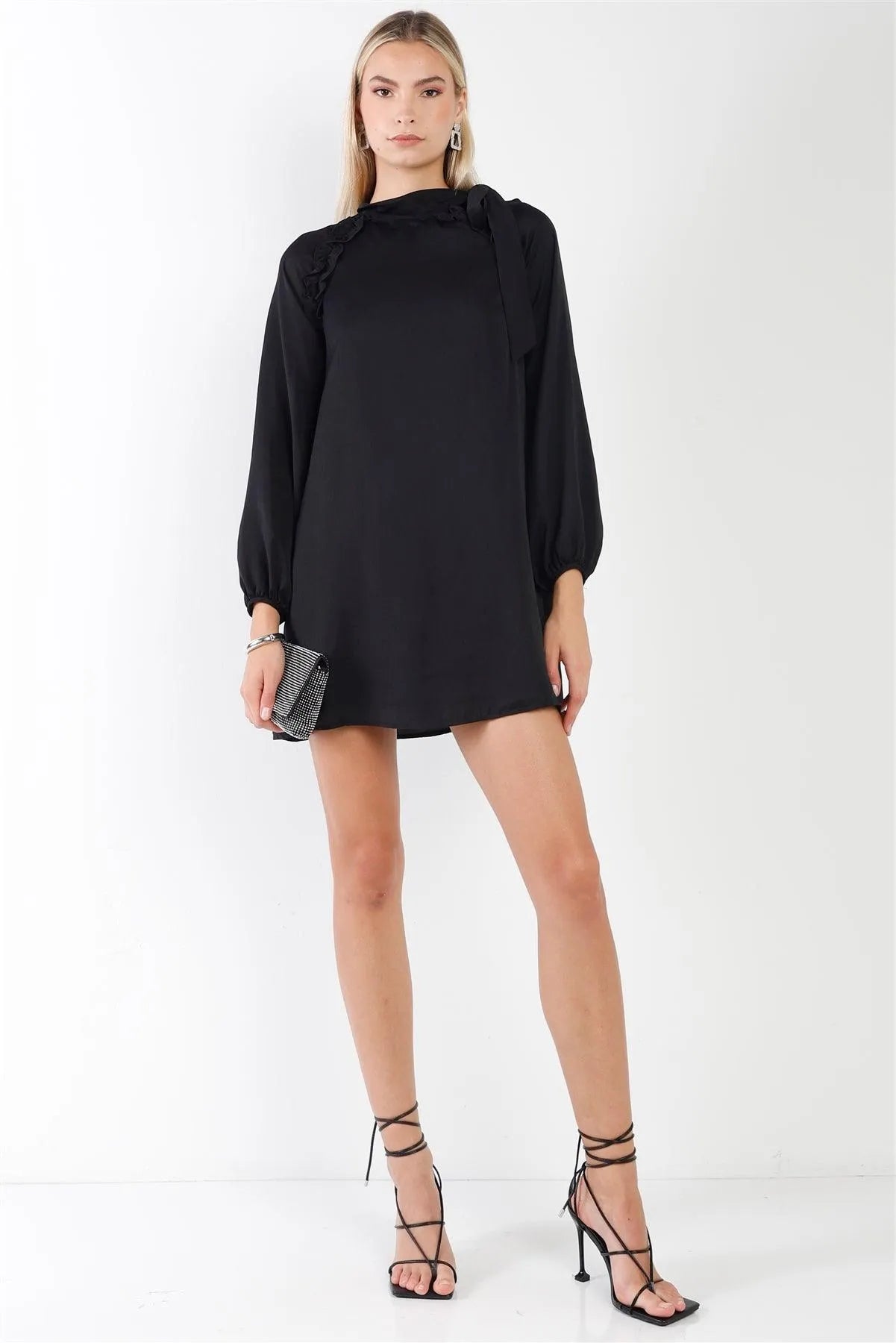 Black Satin Long Sleeve Side-Tie Mini Dress /2-2-2 - Tasha Apparel Wholesale