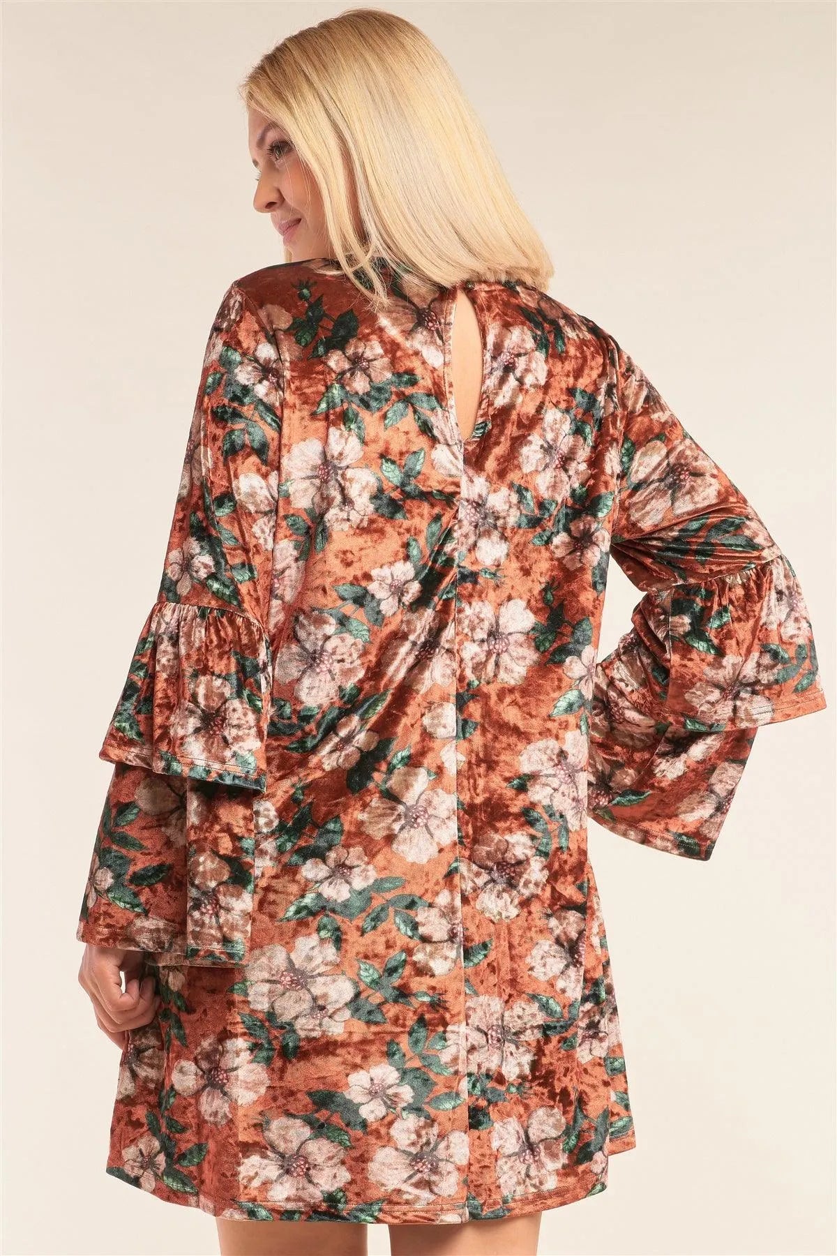 Junior Plus Size Rust Floral Print Velvet Long Layered Hem Sleeve Mini Dress /3-2-1 - Tasha Apparel Wholesale