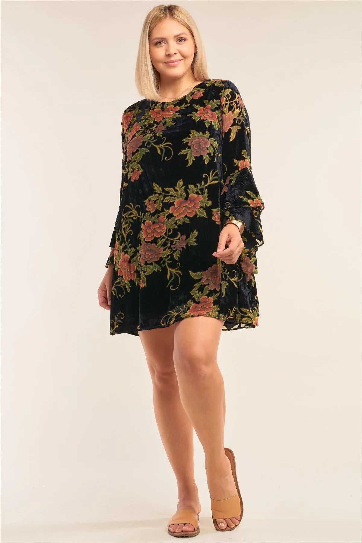 Junior Plus Size Black Velvet Floral Pattern Long Angel Sleeve Round Neck Relaxed Fit Mini Dress /3-2-1 - Tasha Apparel Wholesale