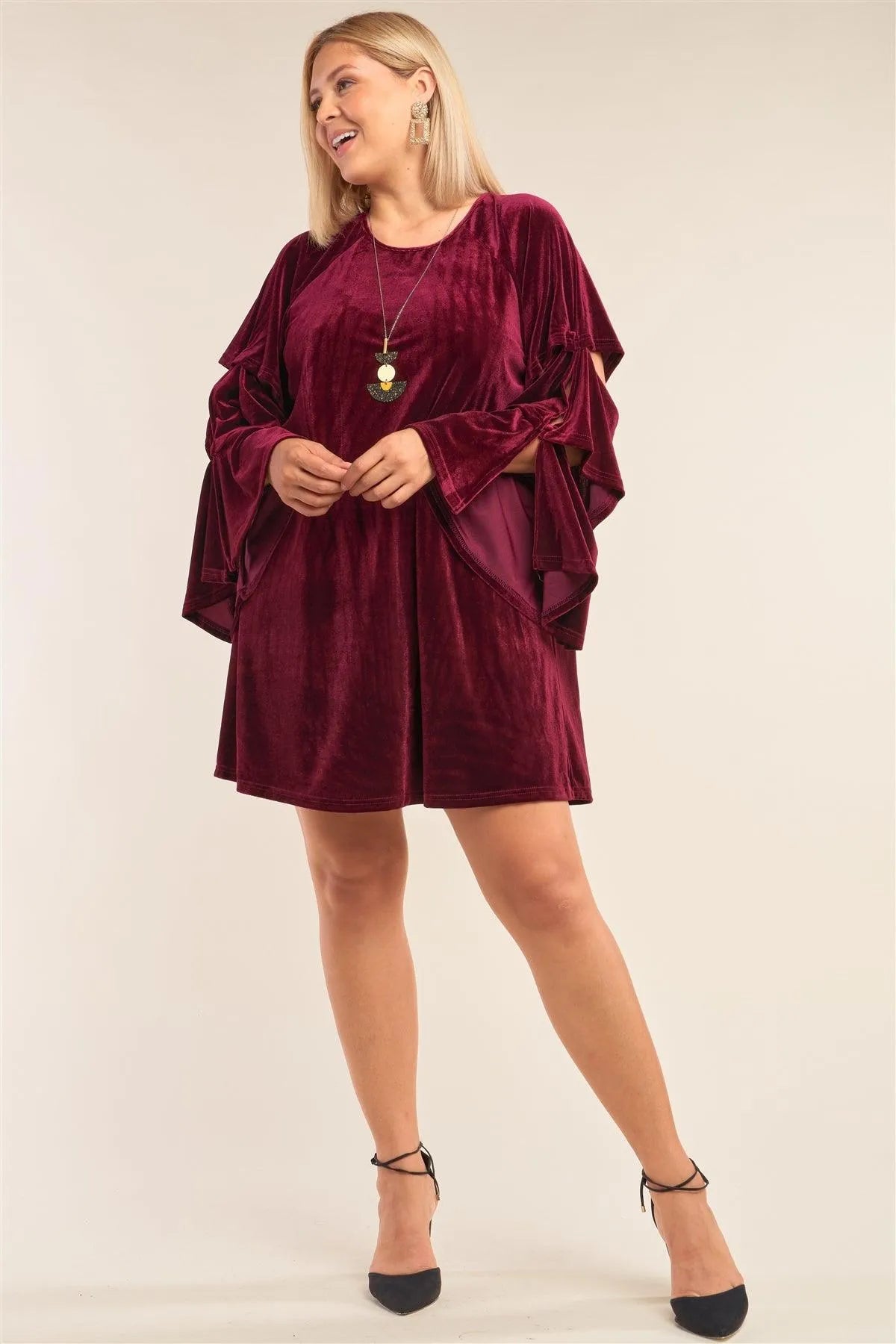 Junior Plus Size Lady Macbeth Wine Red Velvet Relaxed Fit Cut-Out Detail Layered Long Sleeve Mini Dress /3-2-1 - Tasha Apparel Wholesale