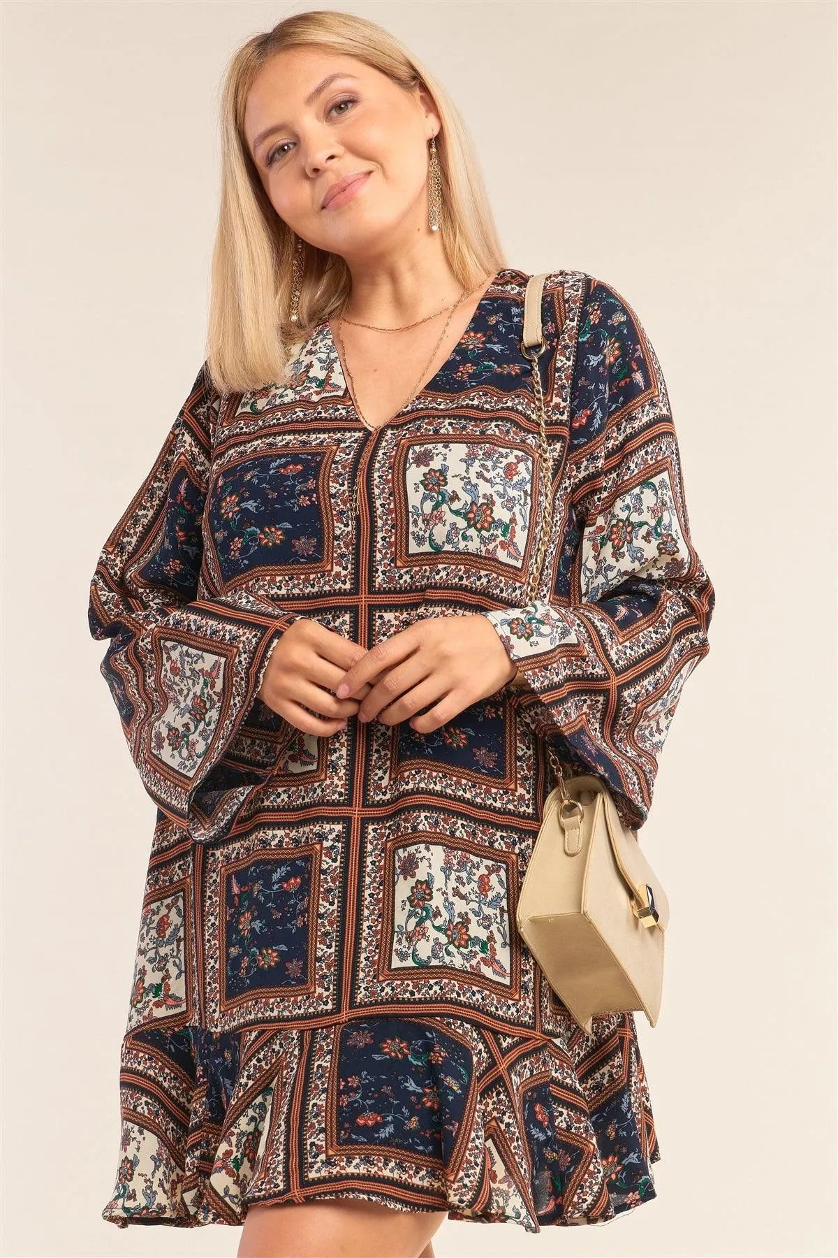 Junior Plus Size Navy Mix Loose Fit V-Neck Scarf Print Long Sleeve Flounce Hem Mini Dress /3-3-1 - Tasha Apparel Wholesale