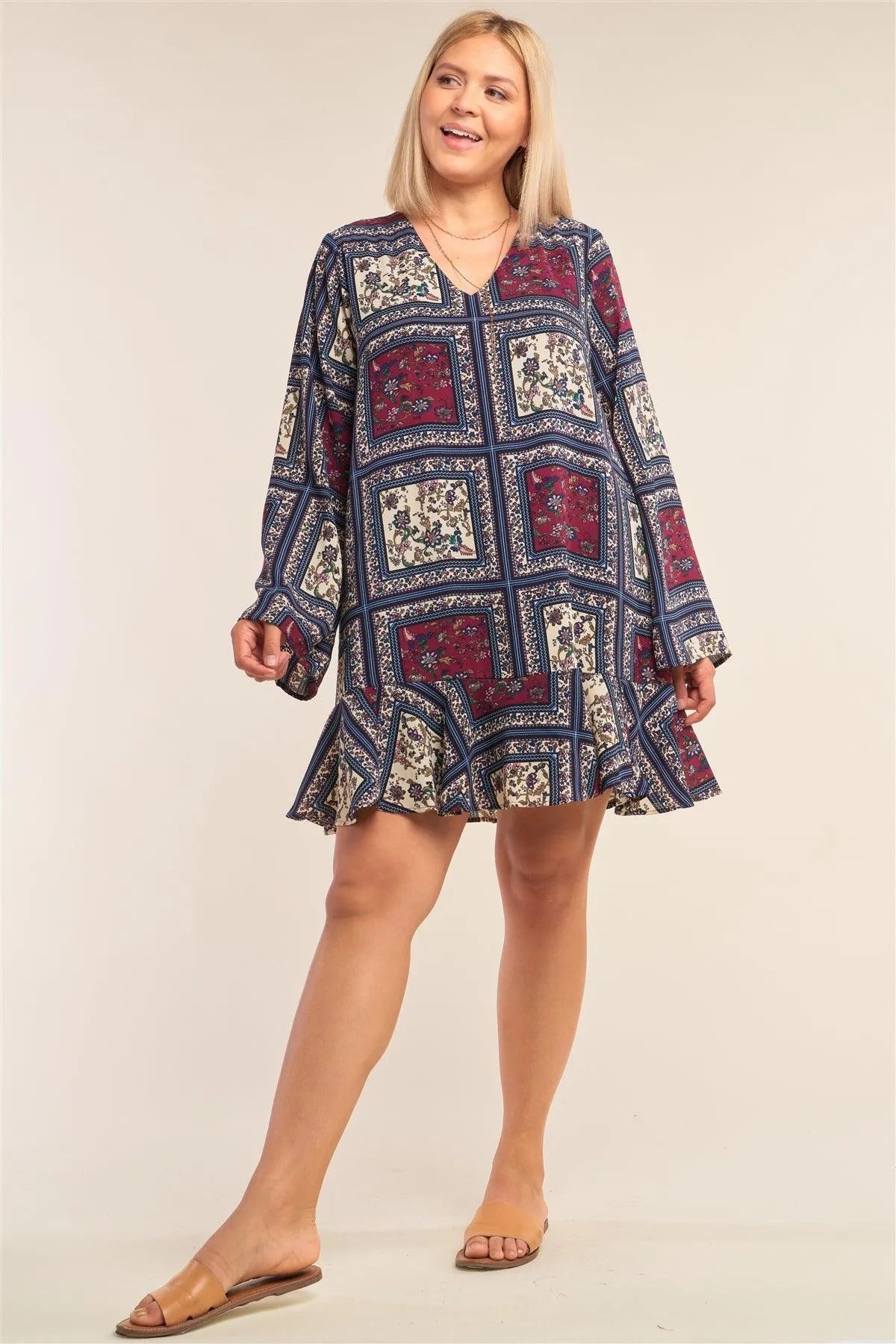 Junior Plus Size Wine Mix Loose Fit V-Neck Scarf Print Long Sleeve Flounce Hem Mini Dress /3-2-1 - Tasha Apparel Wholesale