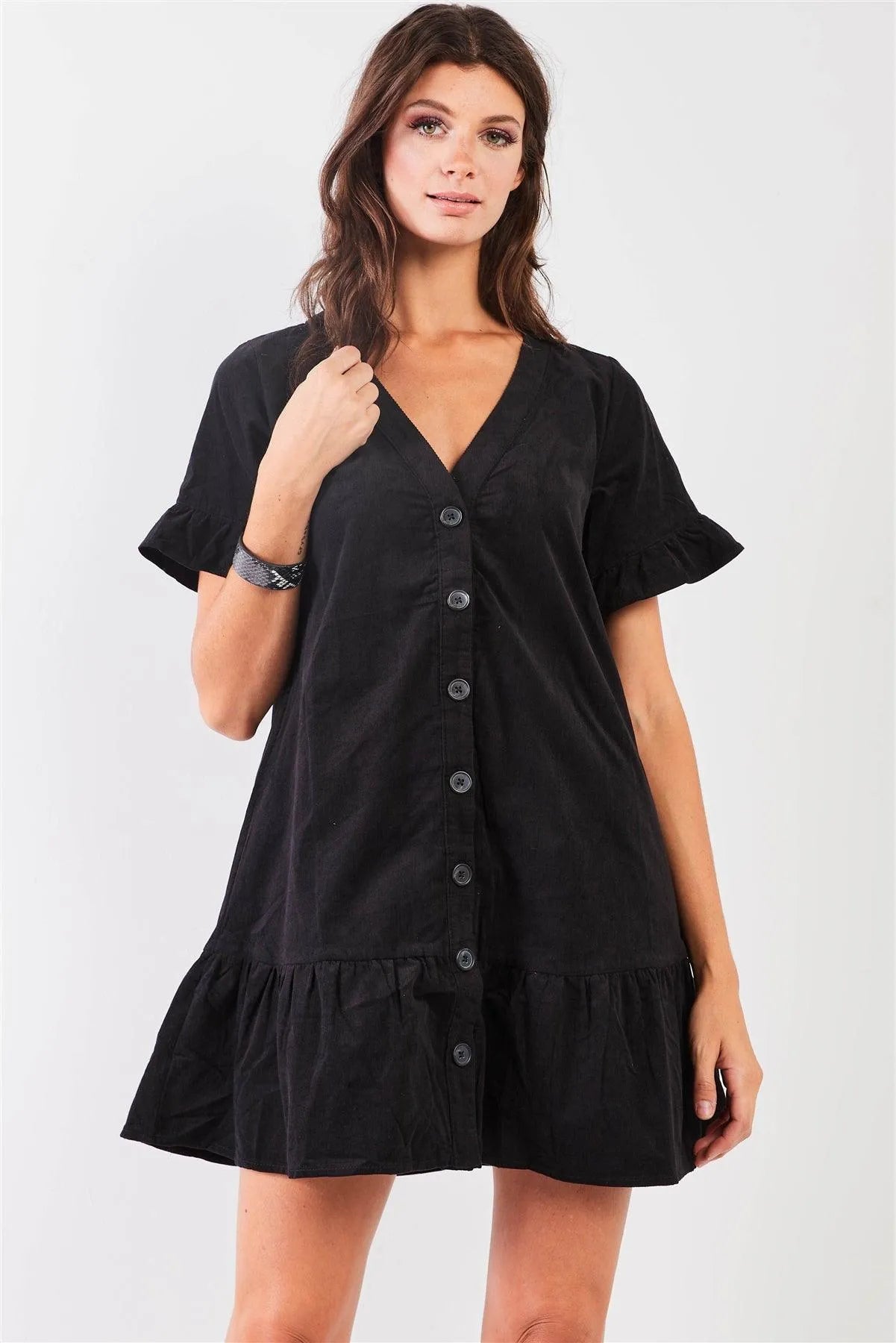 Black Corduroy V-Neck Short Ruffle Sleeve Dropped Waist Button Down Mini Dress /2-2-2 - Tasha Apparel Wholesale