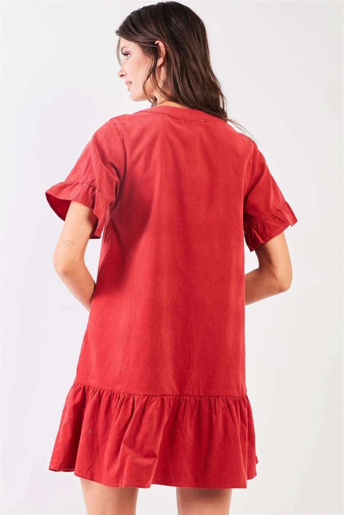 Red Corduroy V-Neck Short Ruffle Sleeve Dropped Waist Button Down Mini Dress - Tasha Apparel Wholesale