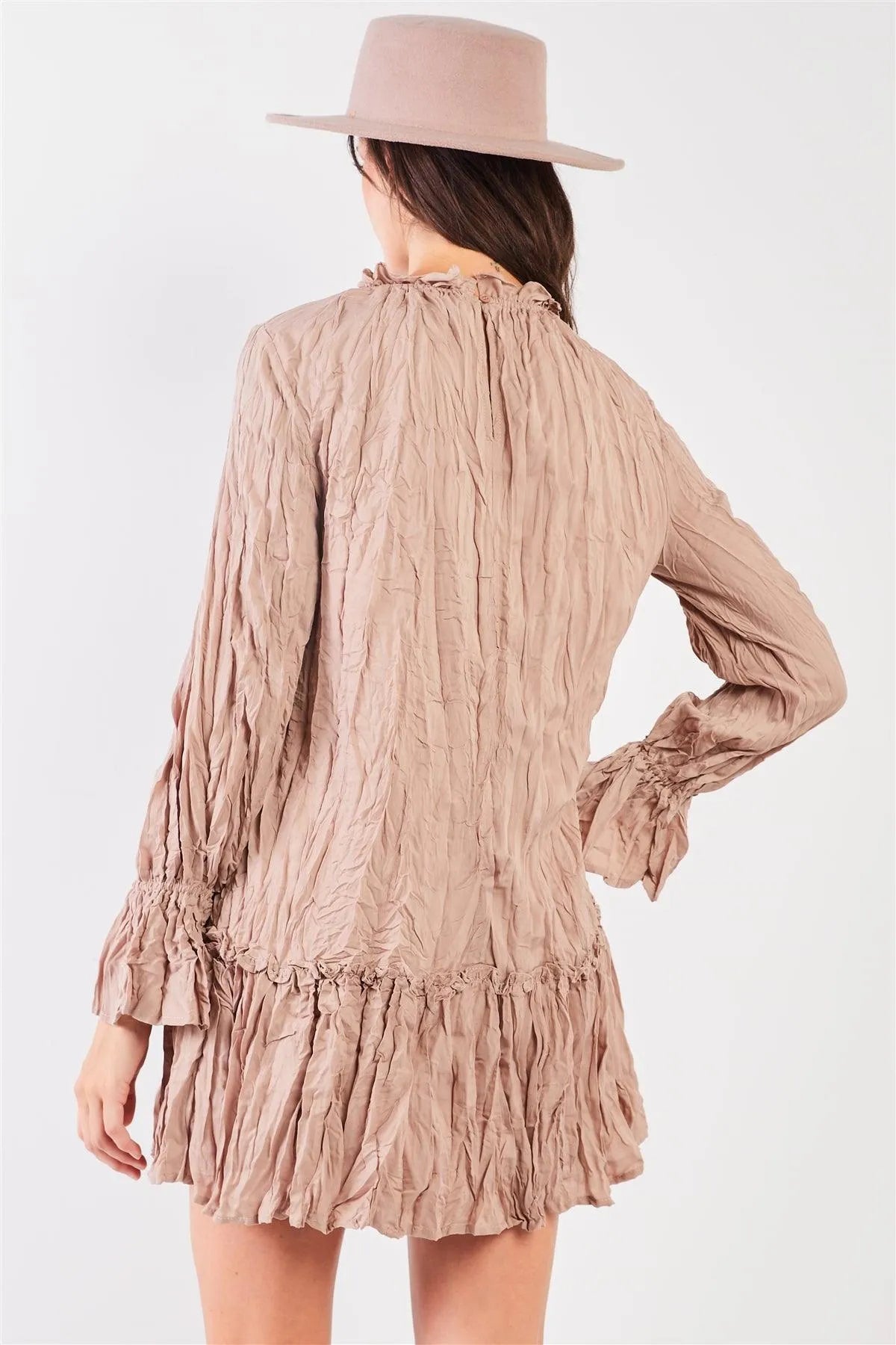 Mocha Wrinkle Pleat Mock Neck Long Trumpet Sleeve Dropped Waist Mini Dress /2-2-2 - Tasha Apparel Wholesale
