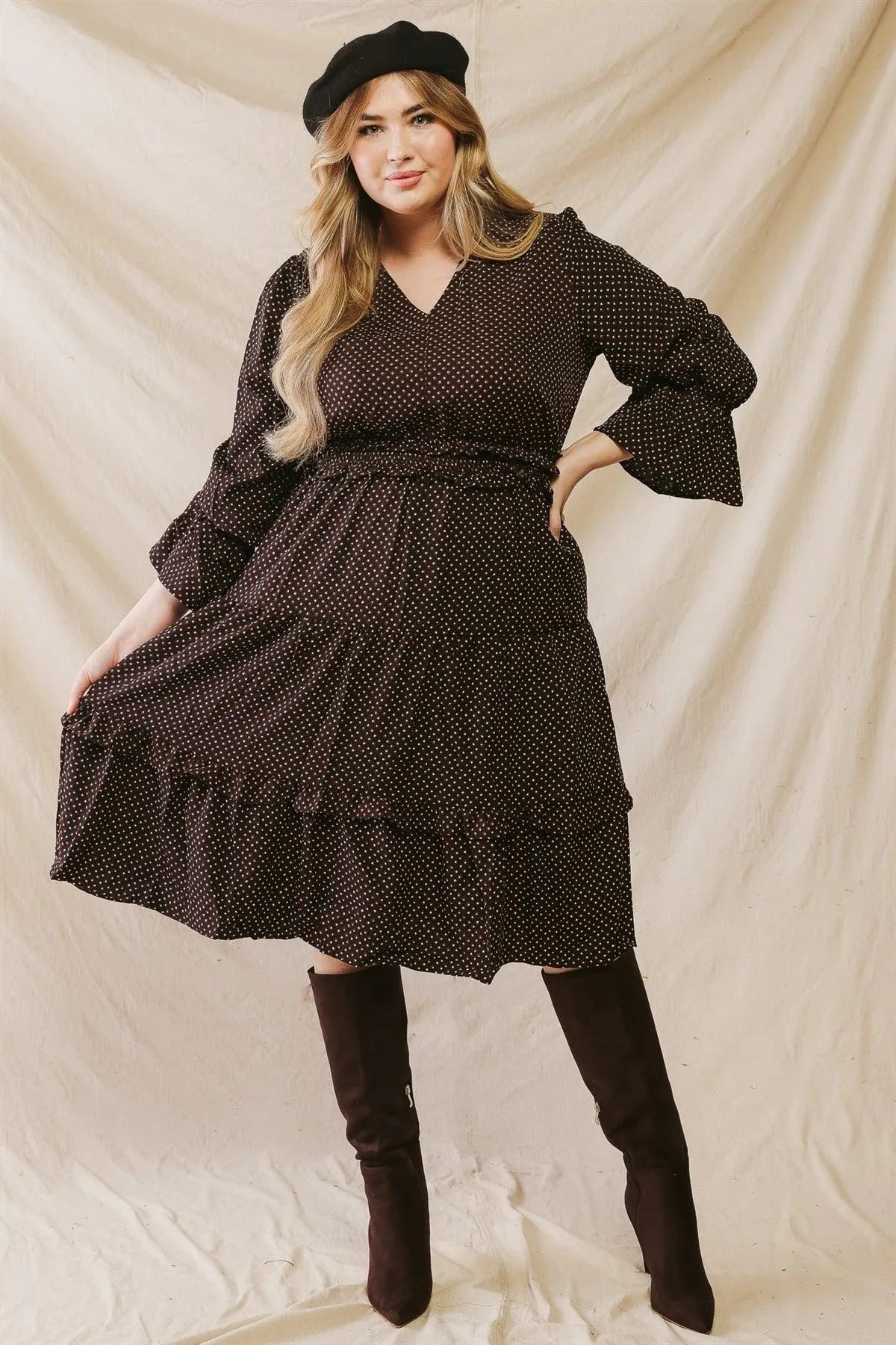 Junior Plus Black Printed Ruffle Detail V-Neck Flare Midi Dress /2-2-2 - Tasha Apparel Wholesale