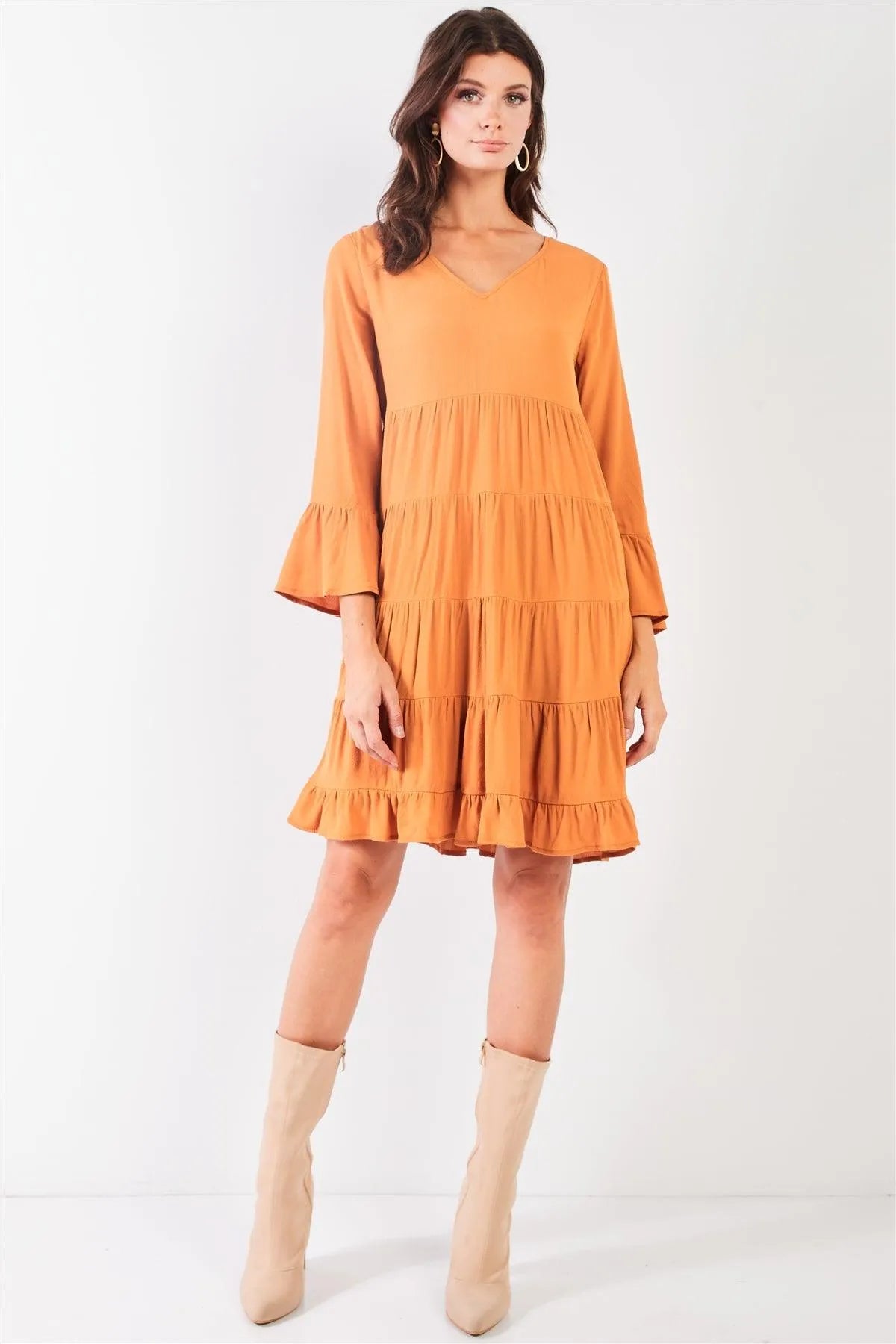 Boho Mustard V-Neck 3/4 Flare Sleeve High-Waist Knee Length Dress /1-2-2 - Tasha Apparel Wholesale