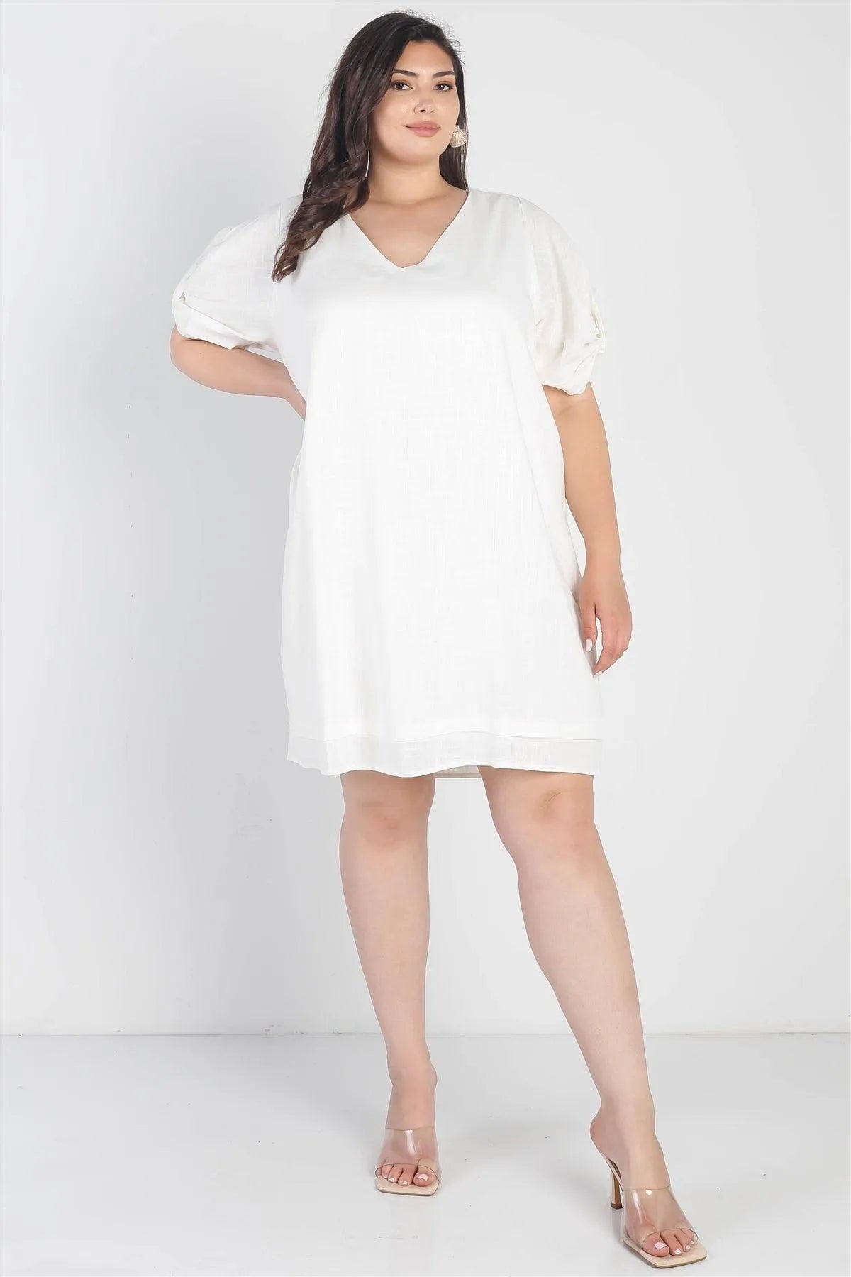 Junior Plus White Bow Detail Short Sleeve V-Neck Mini Dress /1-2-2 - Tasha Apparel Wholesale