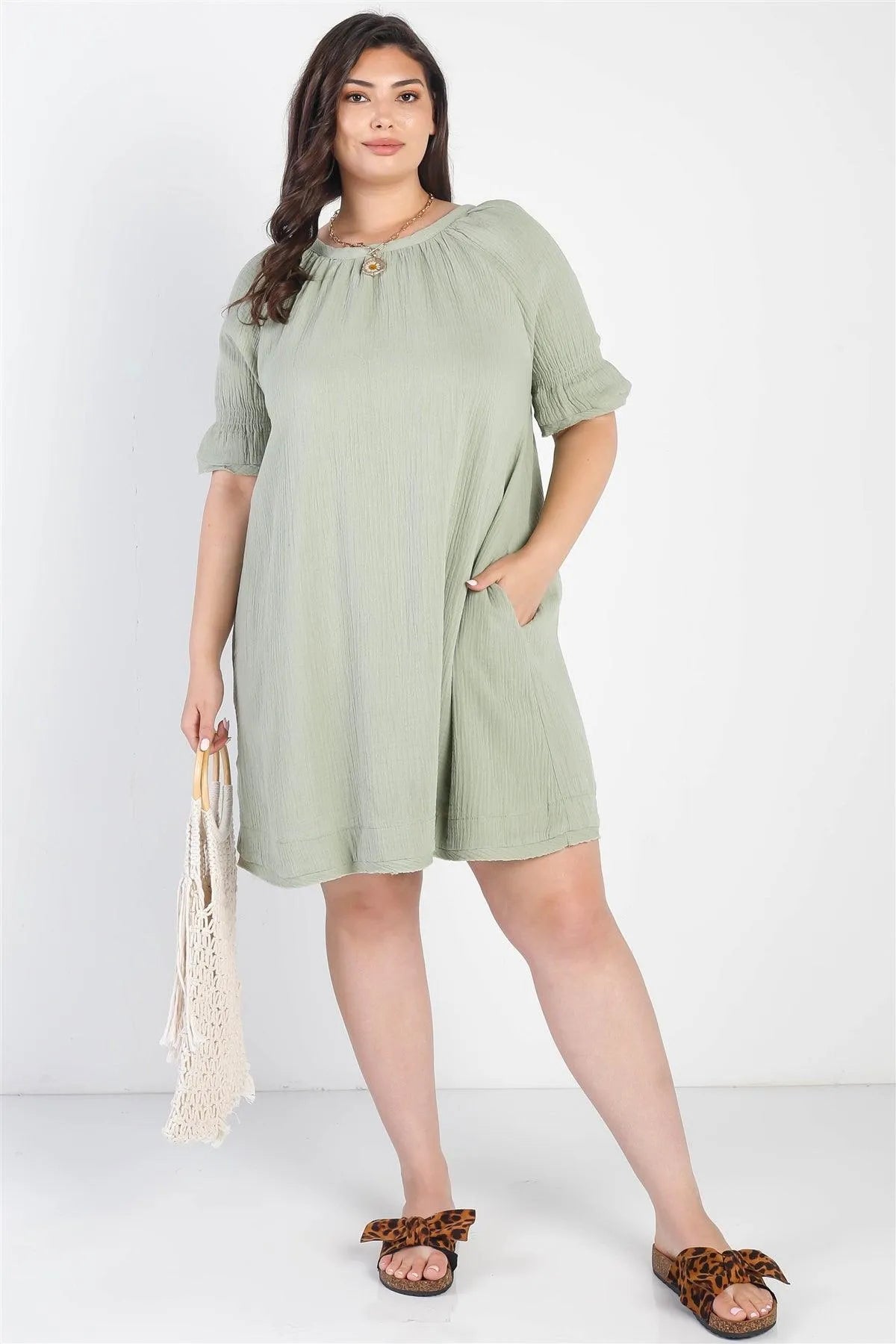 Junior Plus Sage Textured Crew Neck Two Pocket Trim Hem Dress /3-2-1 - Tasha Apparel Wholesale