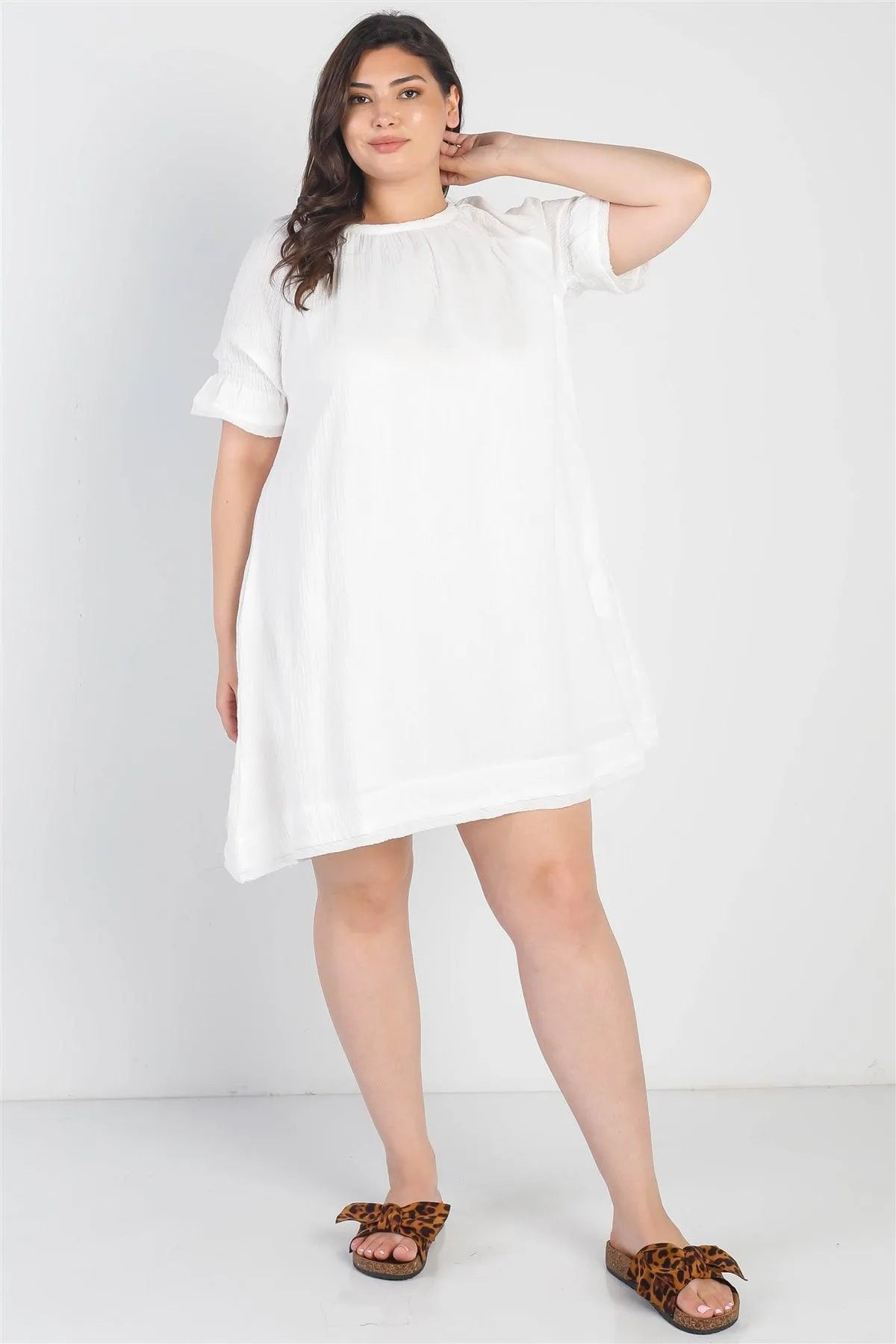Junior Plus White Textured Crew Neck Two Pocket Trim Hem Dress /3-2-1 - Tasha Apparel Wholesale
