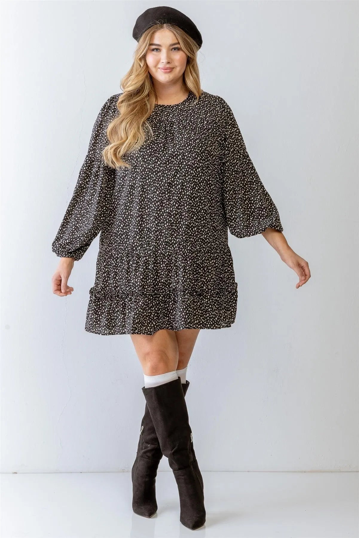 Junior Plus Black Leopard Print Puff Long Sleeve Flare Hem Mini Dress /3-2-1 - Tasha Apparel Wholesale
