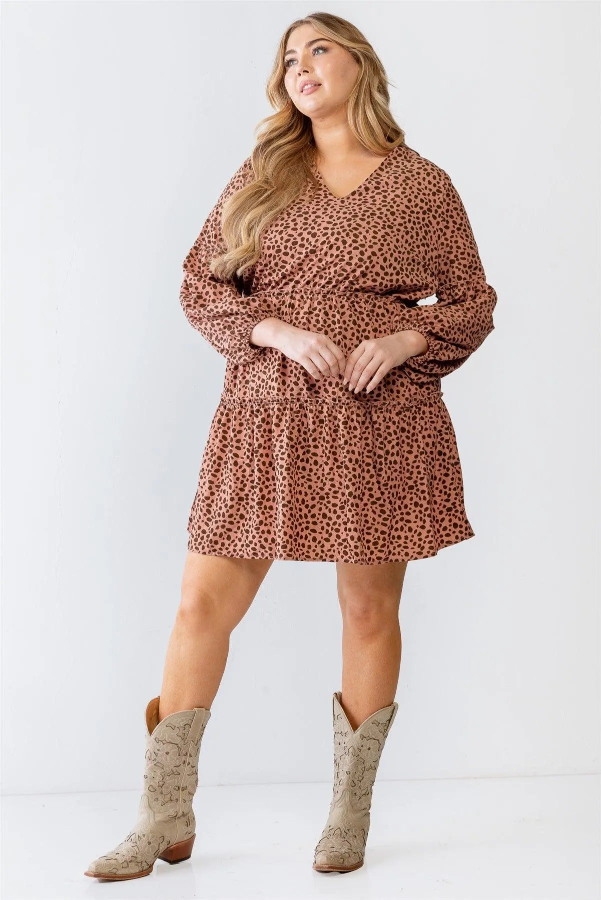 Blush Leopard Print V-Neck Flare Hem Mini Dress - Tasha Apparel Wholesale