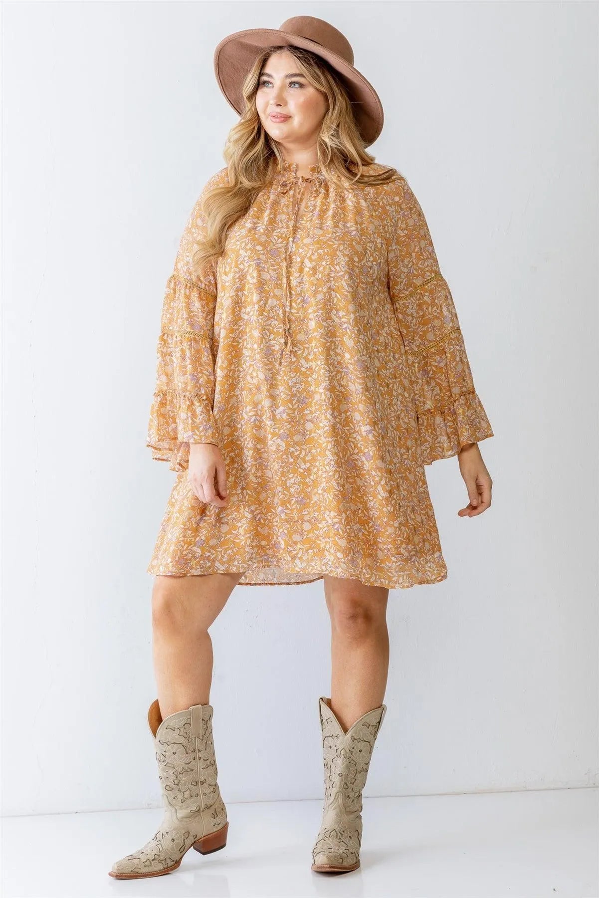 Junior Plus Sand Floral & Gold Print Flare Hem Mini Dress /2-2-1 - Tasha Apparel Wholesale