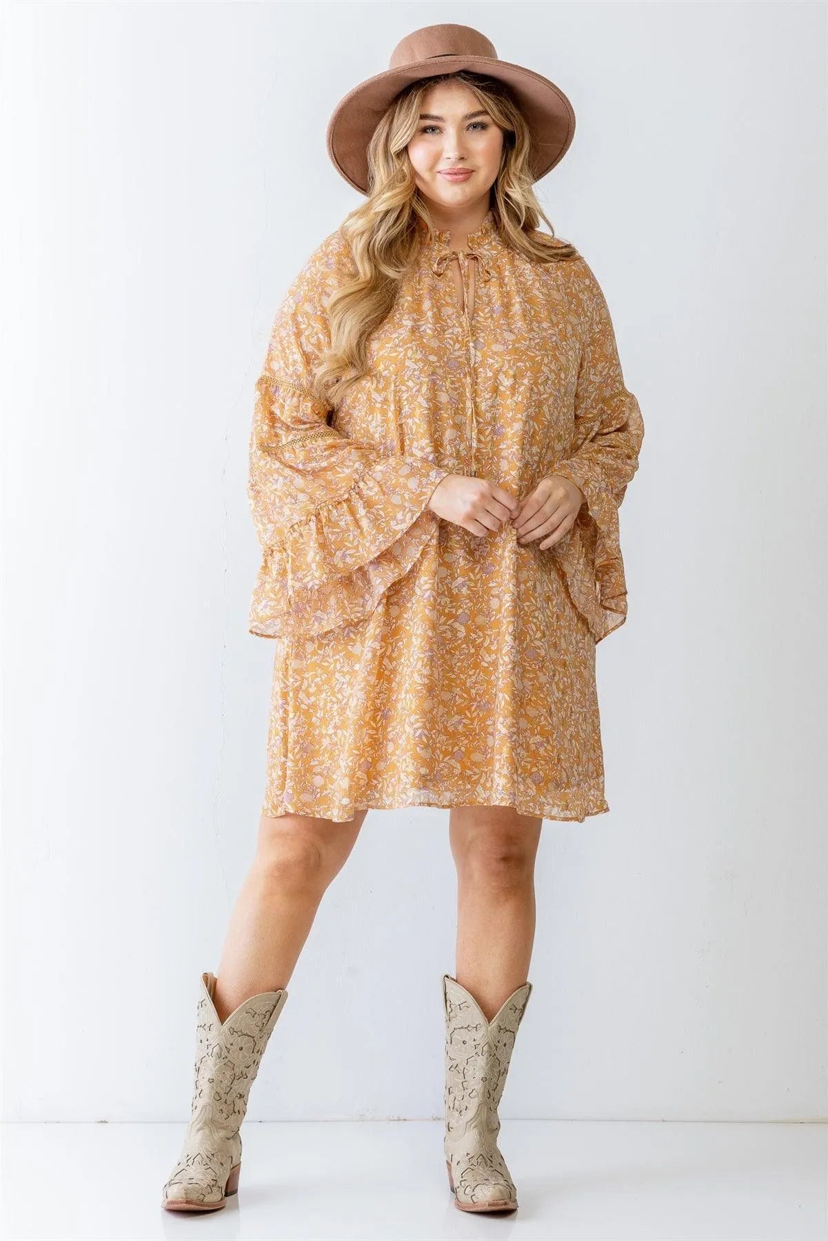 Junior Plus Sand Floral & Gold Print Flare Hem Mini Dress /3-2-1 - Tasha Apparel Wholesale